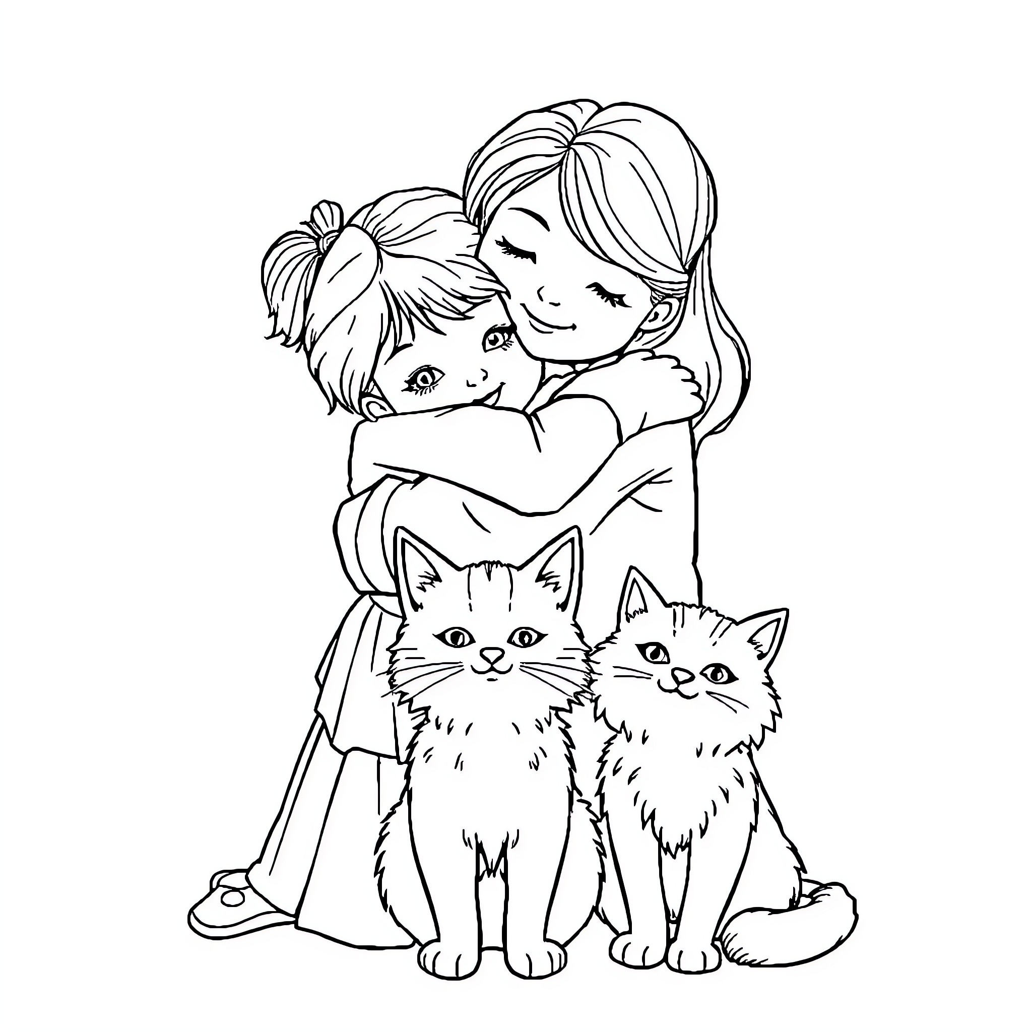 Child embracing sibling with cats Coloring Page (free black-and-white line drawing printable PDF for all, from beginners to advanced learners, including children, teens, adults, and seniors)