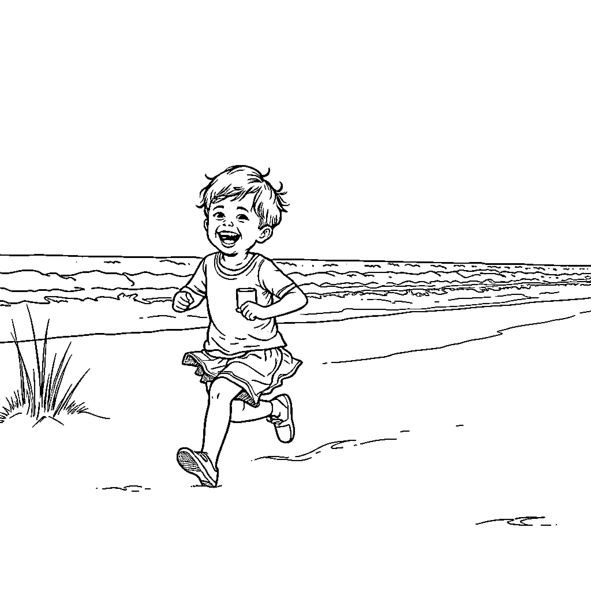 Toddler running joyfully on the beach Coloring Page (free black-and-white line drawing printable PDF for all, from beginners to advanced learners, including children, teens, adults, and seniors)