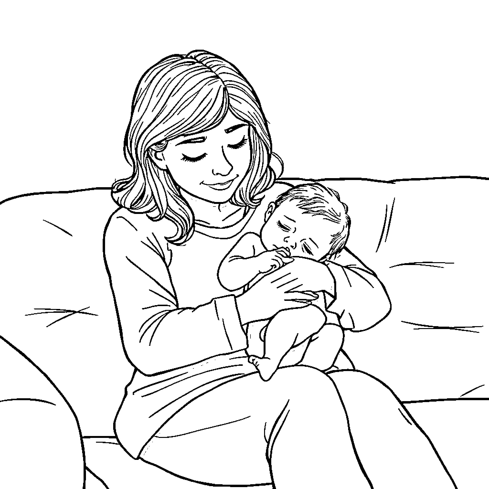 Mom Comforting and Holding Sleeping Baby Coloring Page (free black-and-white line drawing printable PDF for all, from beginners to advanced learners, including children, teens, adults, and seniors)