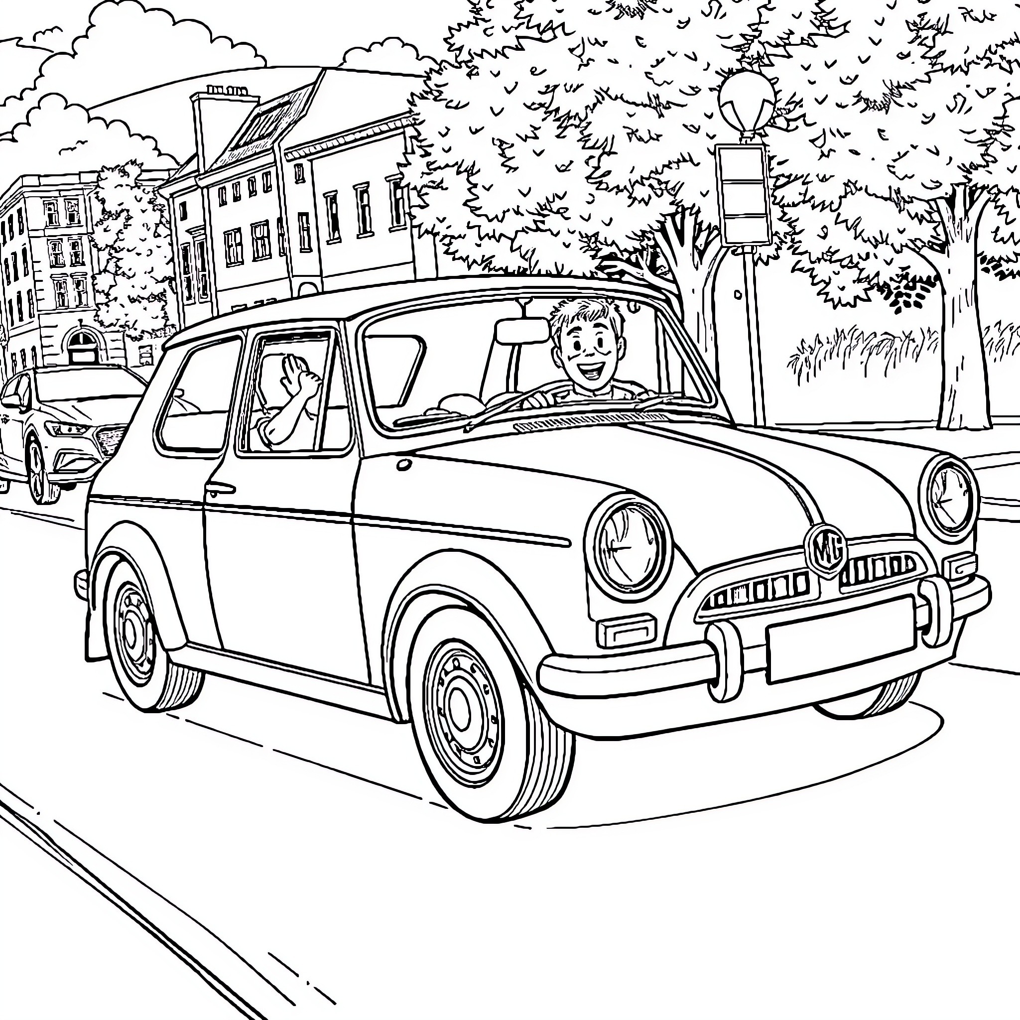 MG Metro Turbo driving through city streets Coloring Page (free black-and-white line drawing printable PDF for all, from beginners to advanced learners, including children, teens, adults, and seniors)