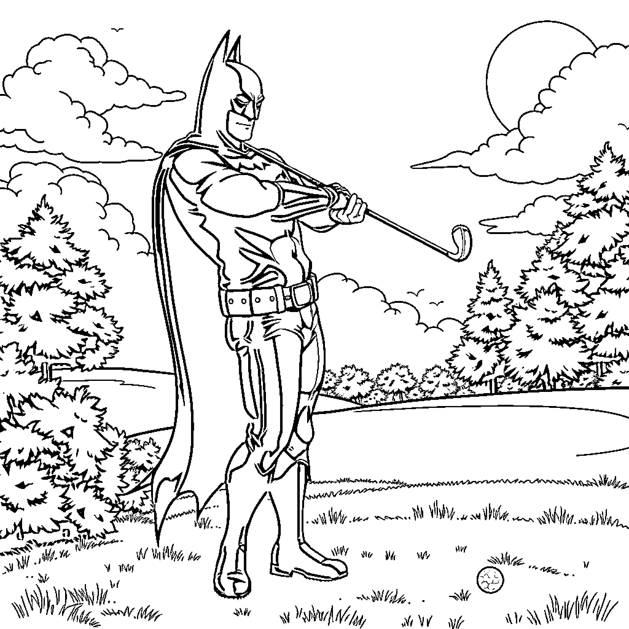 Batman standing vigilantly in a forest landscape Coloring Page (free black-and-white line drawing printable PDF for all, from beginners to advanced learners, including children, teens, adults, and seniors)