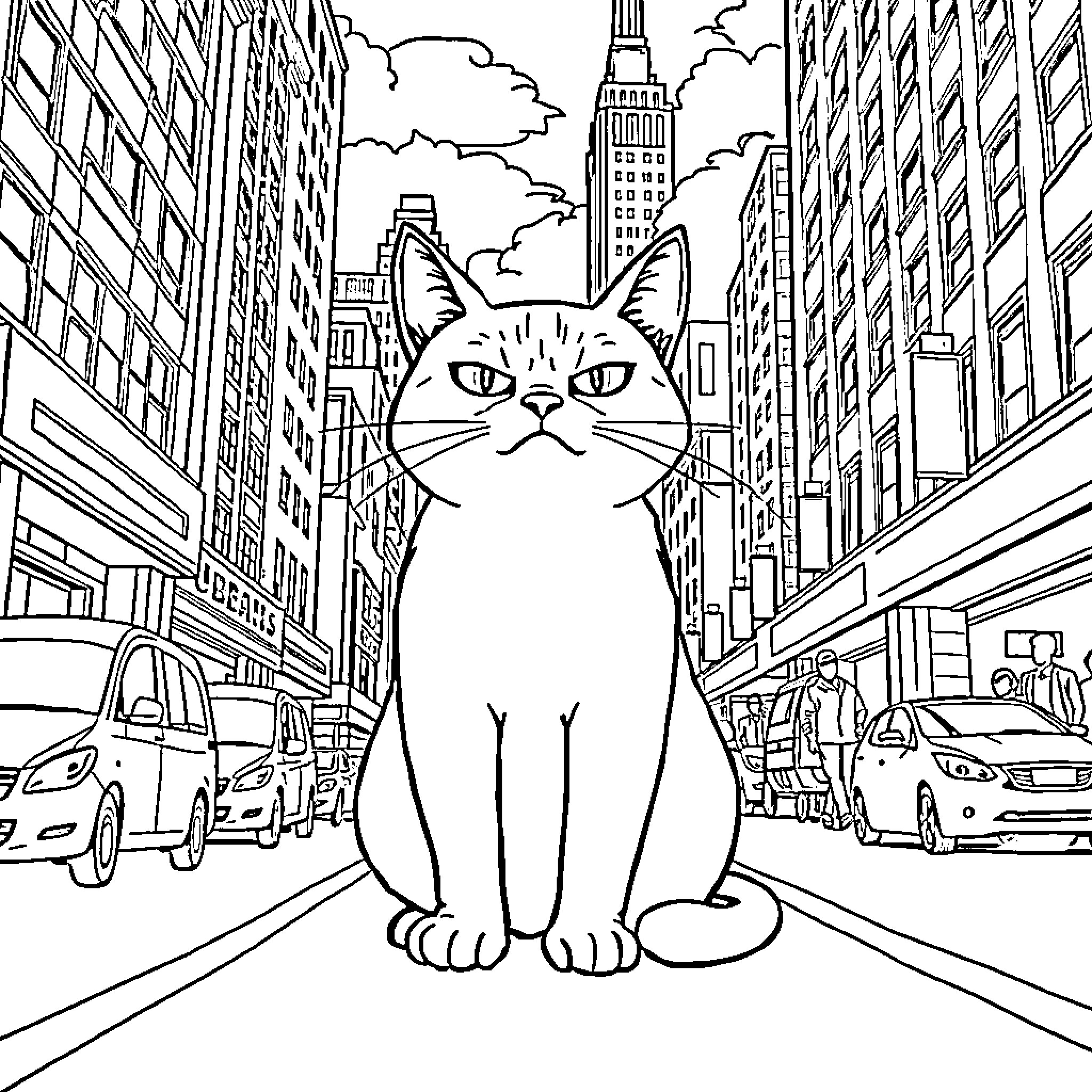 Cat exploring the busy city streets Coloring Page (free black-and-white line drawing printable PDF for all, from beginners to advanced learners, including children, teens, adults, and seniors)