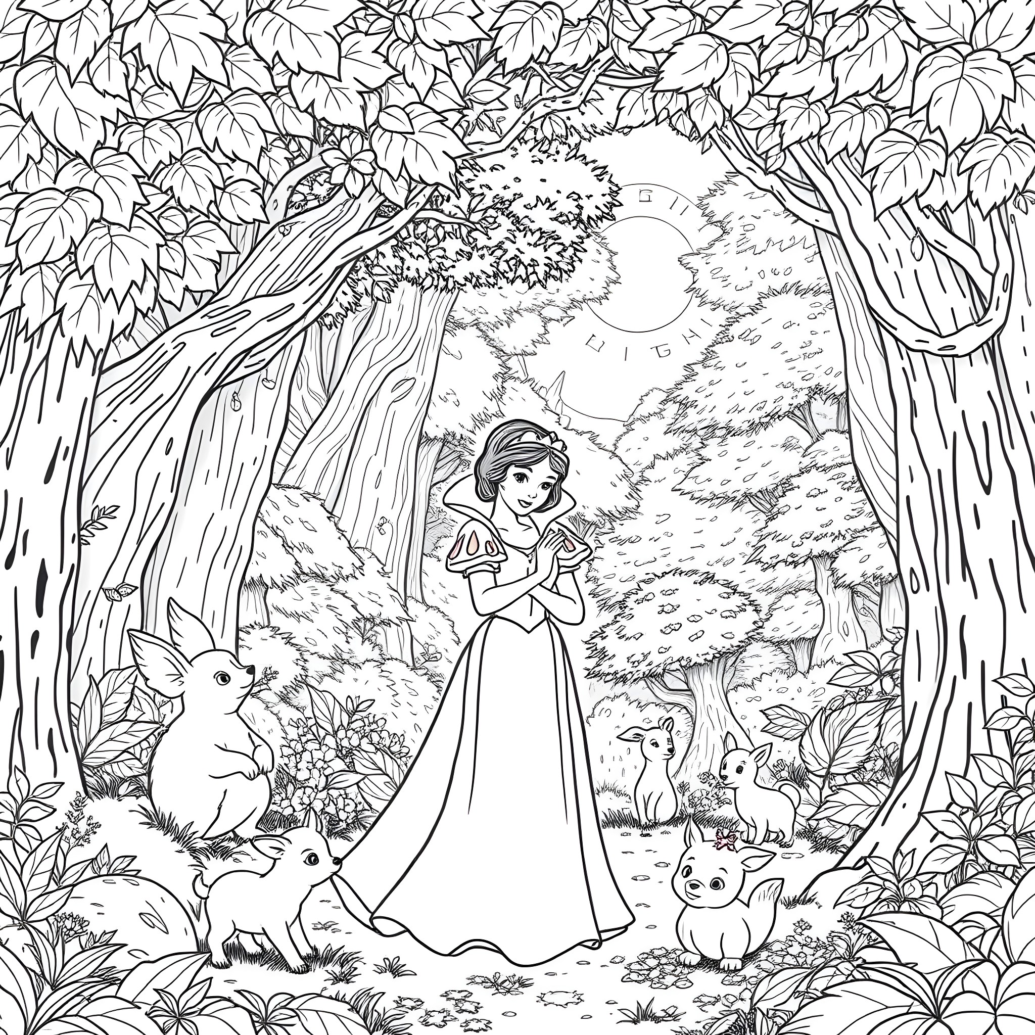 Snow White in the enchanted forest with animals Coloring Page (free black-and-white line drawing printable PDF for all, from beginners to advanced learners, including children, teens, adults, and seniors)