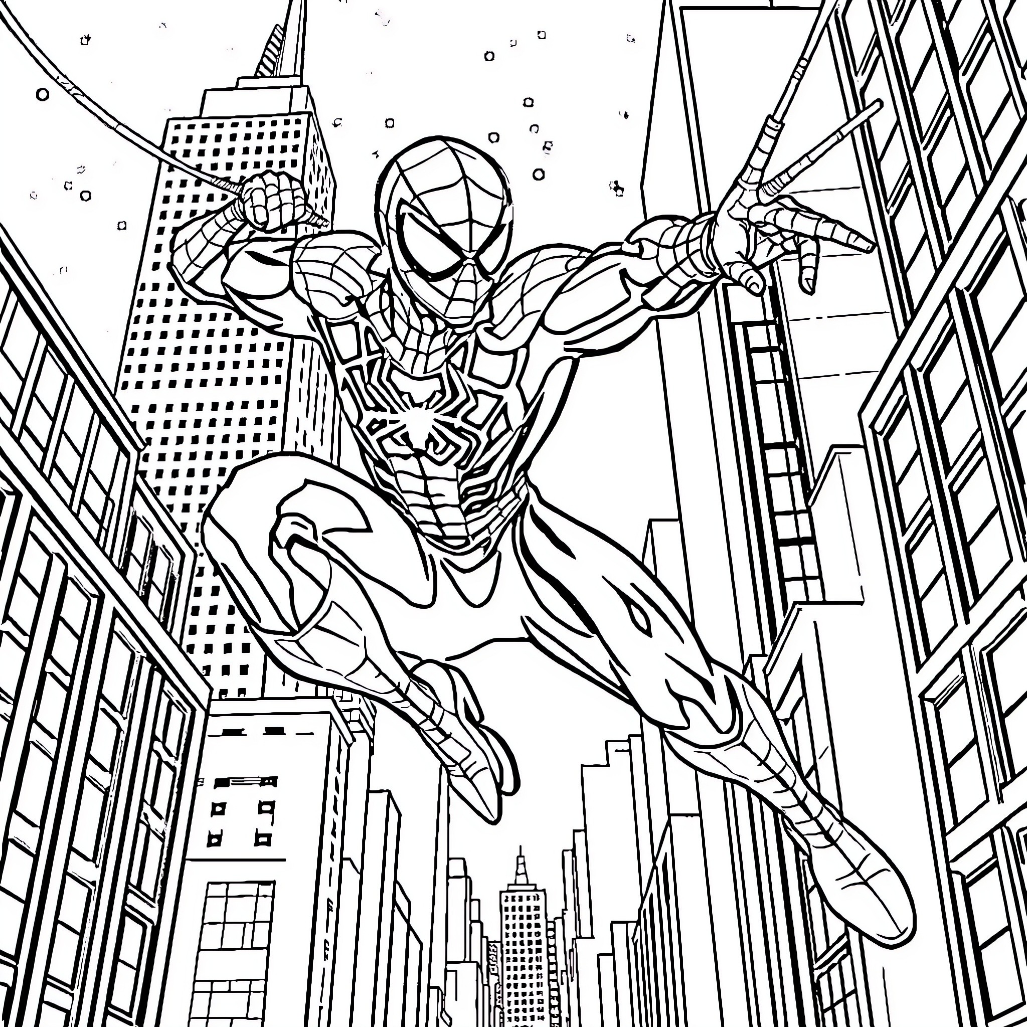 Spiderman swinging through the city in heroic action Coloring Page (free black-and-white line drawing printable PDF for all, from beginners to advanced learners, including children, teens, adults, and seniors)