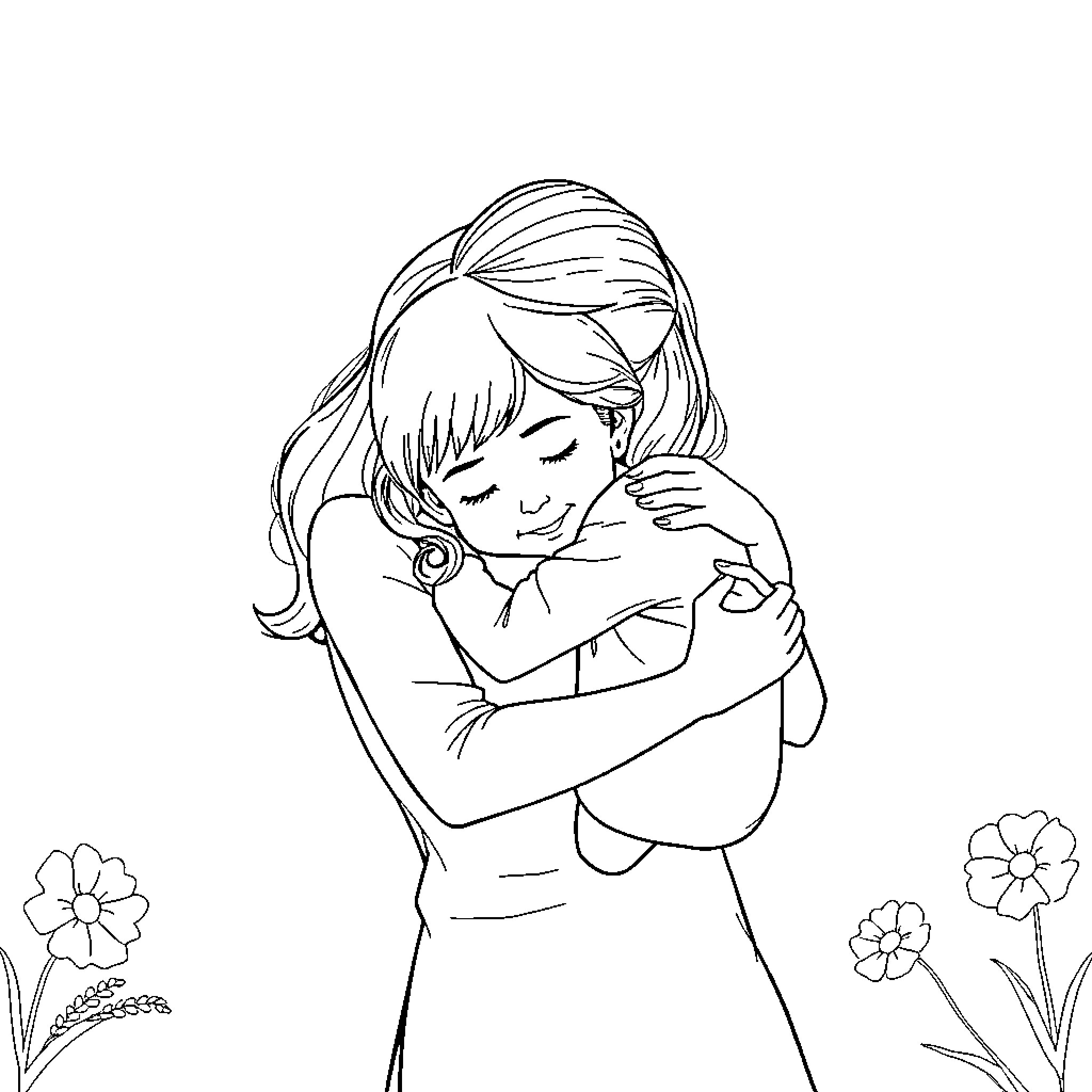 Mother's Tender Embrace in a Floral Scene Coloring Page (free black-and-white line drawing printable PDF for all, from beginners to advanced learners, including children, teens, adults, and seniors)