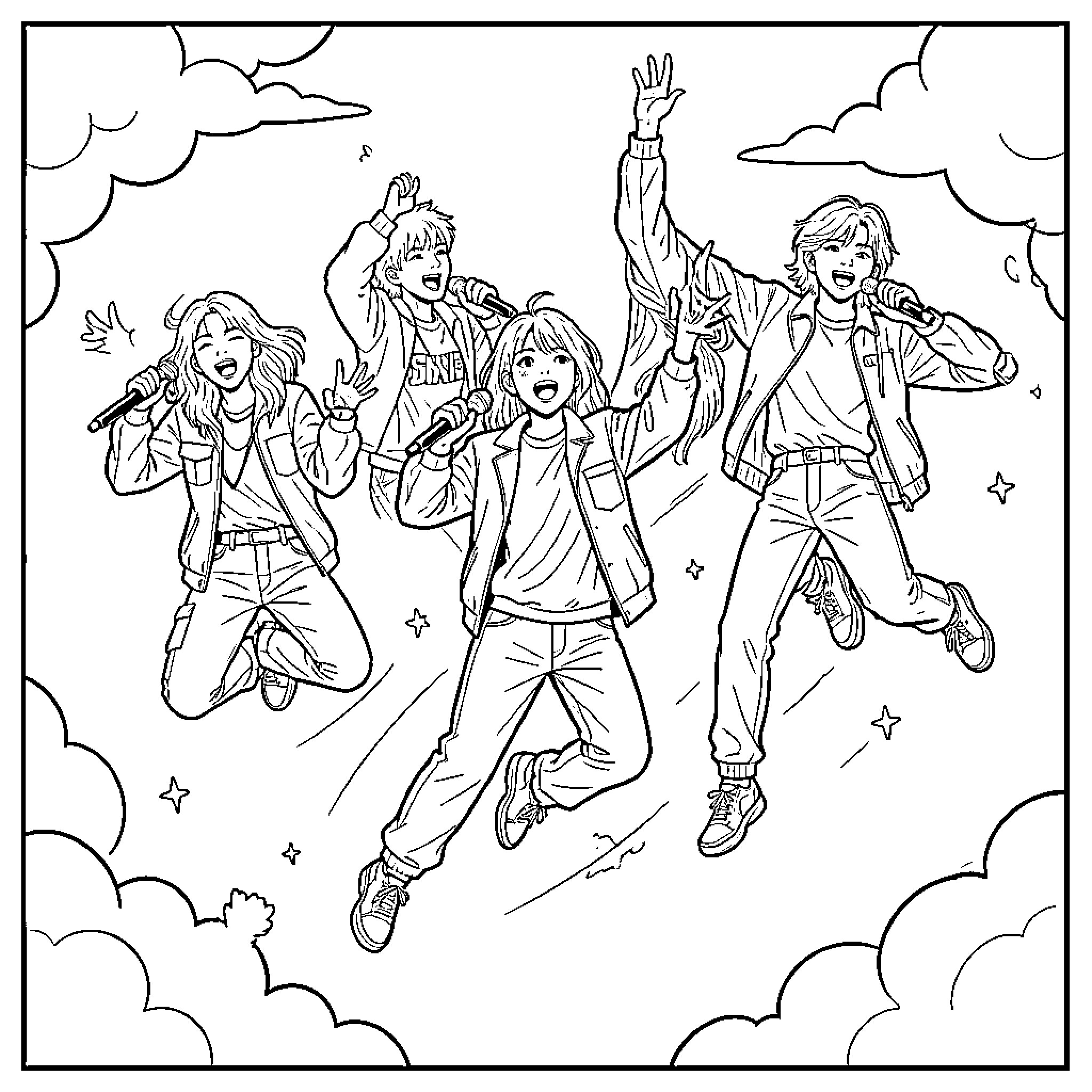 K Pop singers performing energetically on stage Coloring Page (free black-and-white line drawing printable PDF for all, from beginners to advanced learners, including children, teens, adults, and seniors)