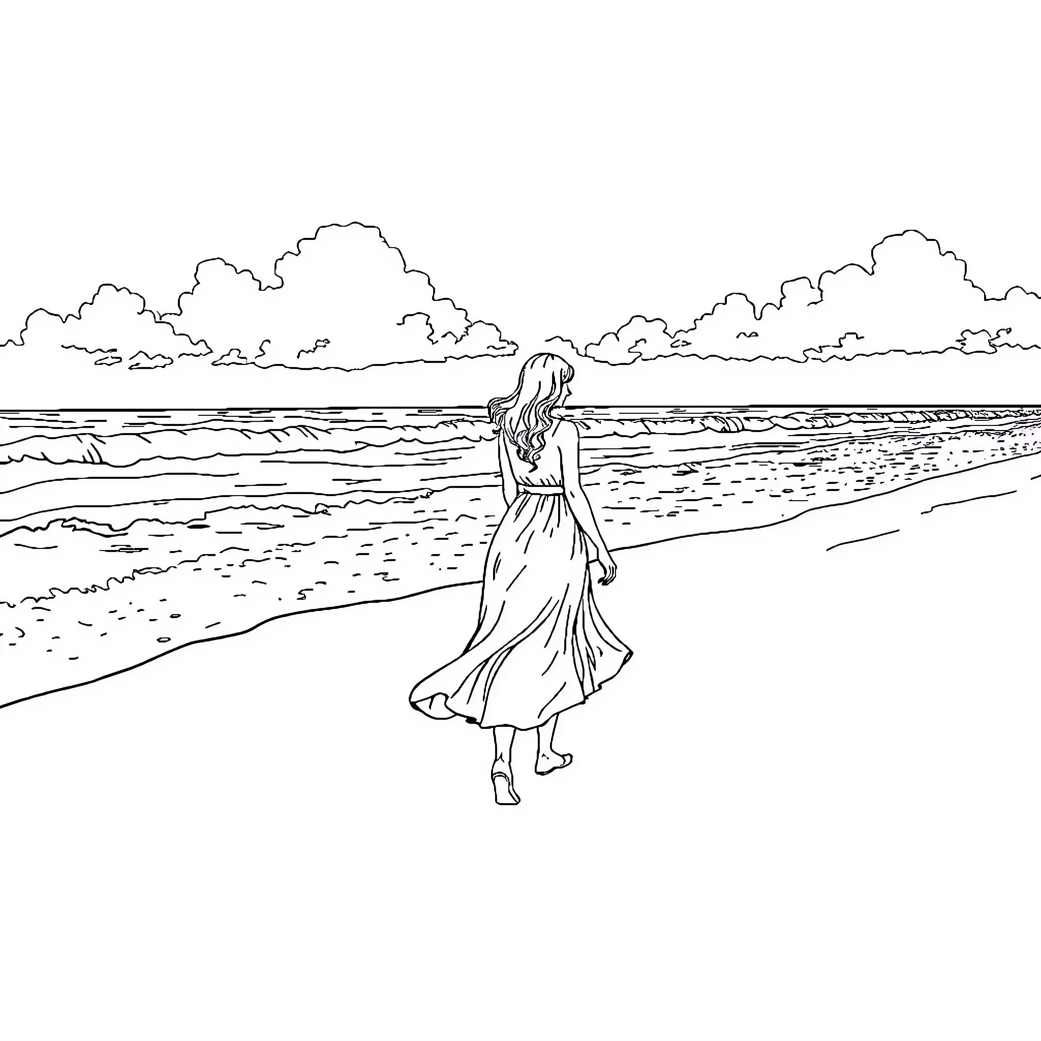 Woman walking alone on the beach Coloring Page (free black-and-white line drawing printable PDF for all, from beginners to advanced learners, including children, teens, adults, and seniors)