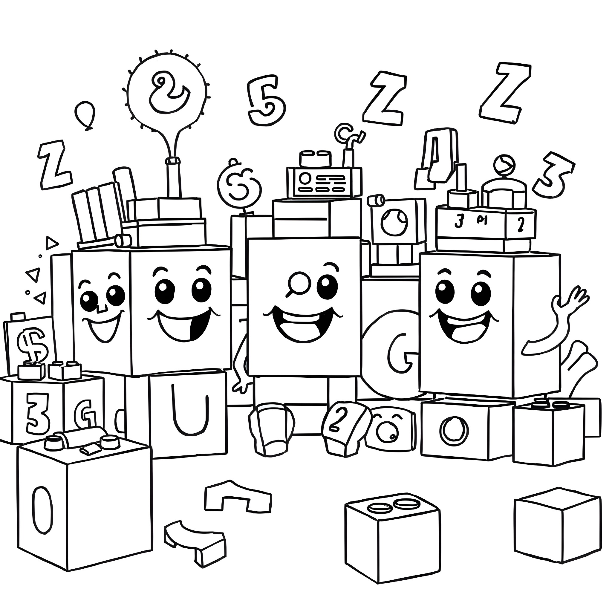 Numberblocks playing together in a fun scene Coloring Page (free black-and-white line drawing printable PDF for all, from beginners to advanced learners, including children, teens, adults, and seniors)