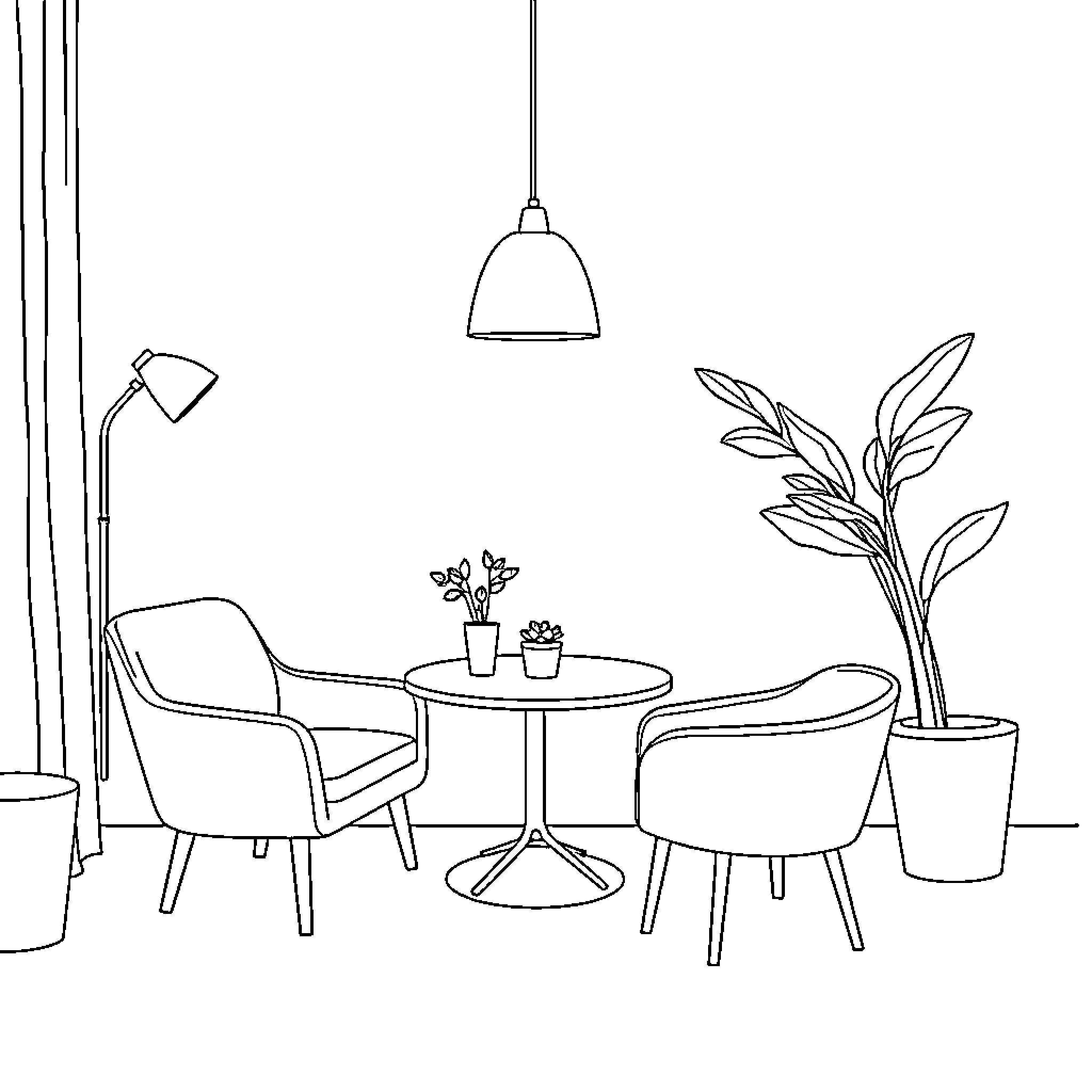 Furniture in a cozy indoor setting Coloring Page (free black-and-white line drawing printable PDF for all, from beginners to advanced learners, including children, teens, adults, and seniors)