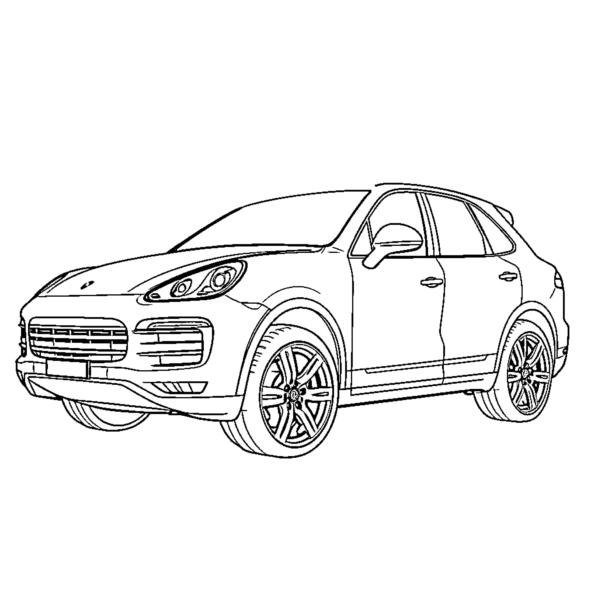 Porsche luxury SUV on the road Coloring Page (free black-and-white line drawing printable PDF for all, from beginners to advanced learners, including children, teens, adults, and seniors)