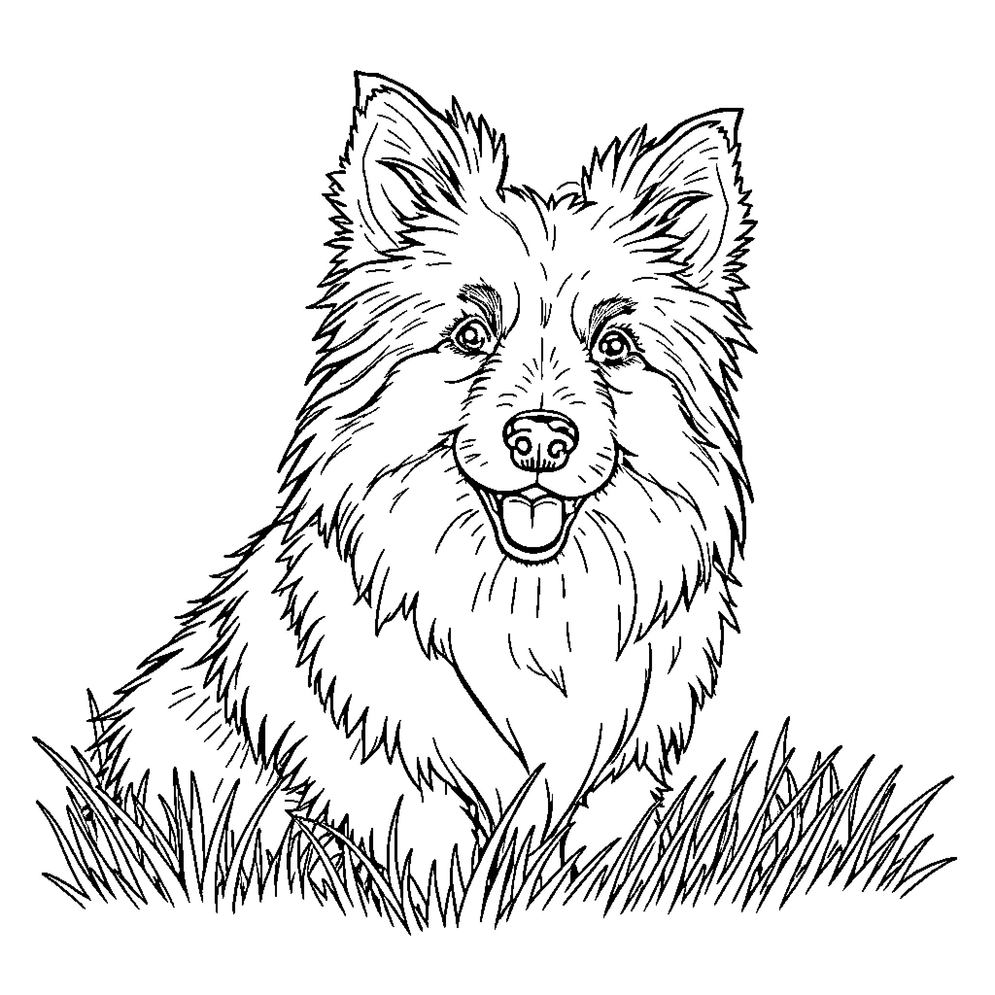 Shetland Sheepdog sitting in grass looking happy Coloring Page (free black-and-white line drawing printable PDF for all, from beginners to advanced learners, including children, teens, adults, and seniors)