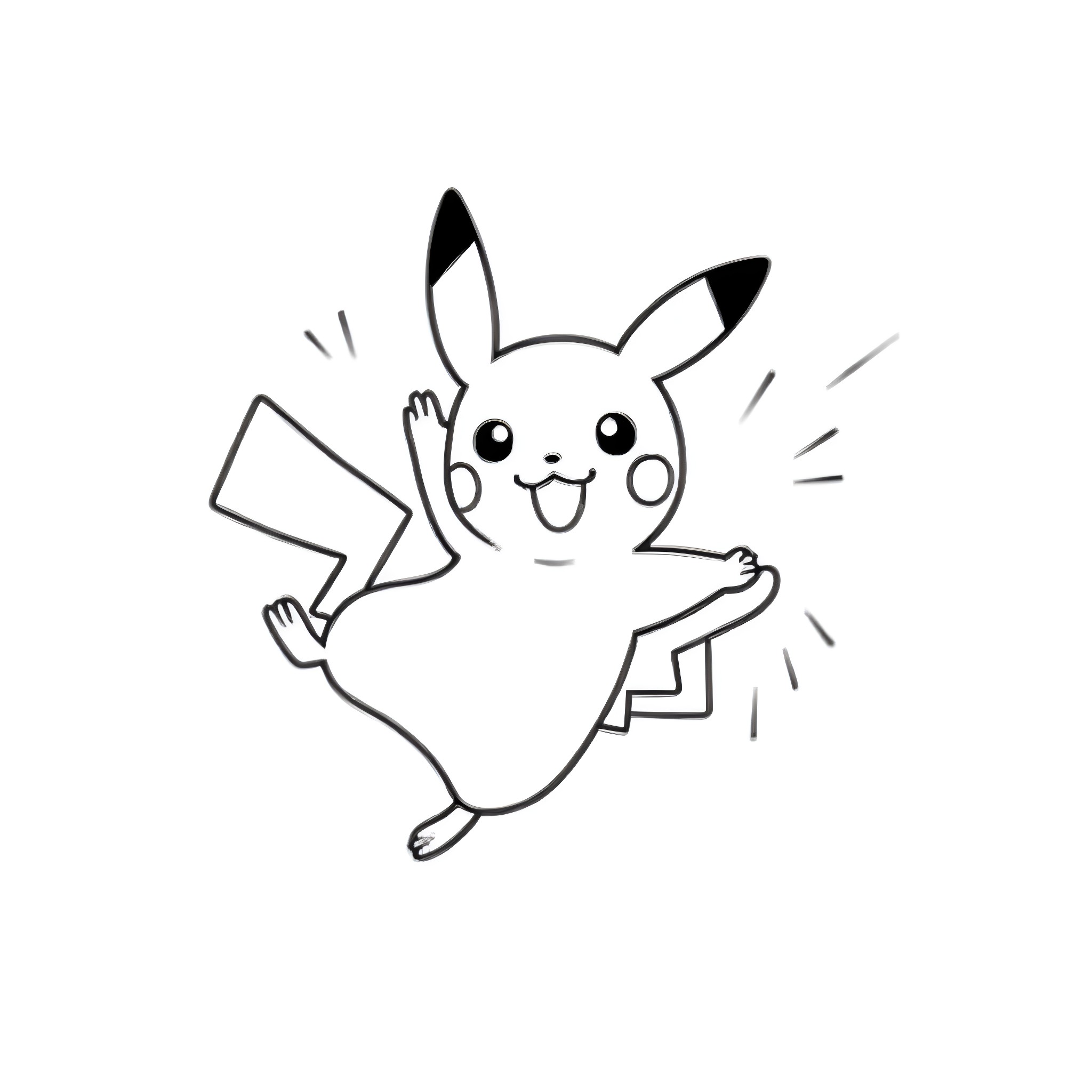 Pikachu joyfully dashing and waving Coloring Page (free black-and-white line drawing printable PDF for all, from beginners to advanced learners, including children, teens, adults, and seniors)