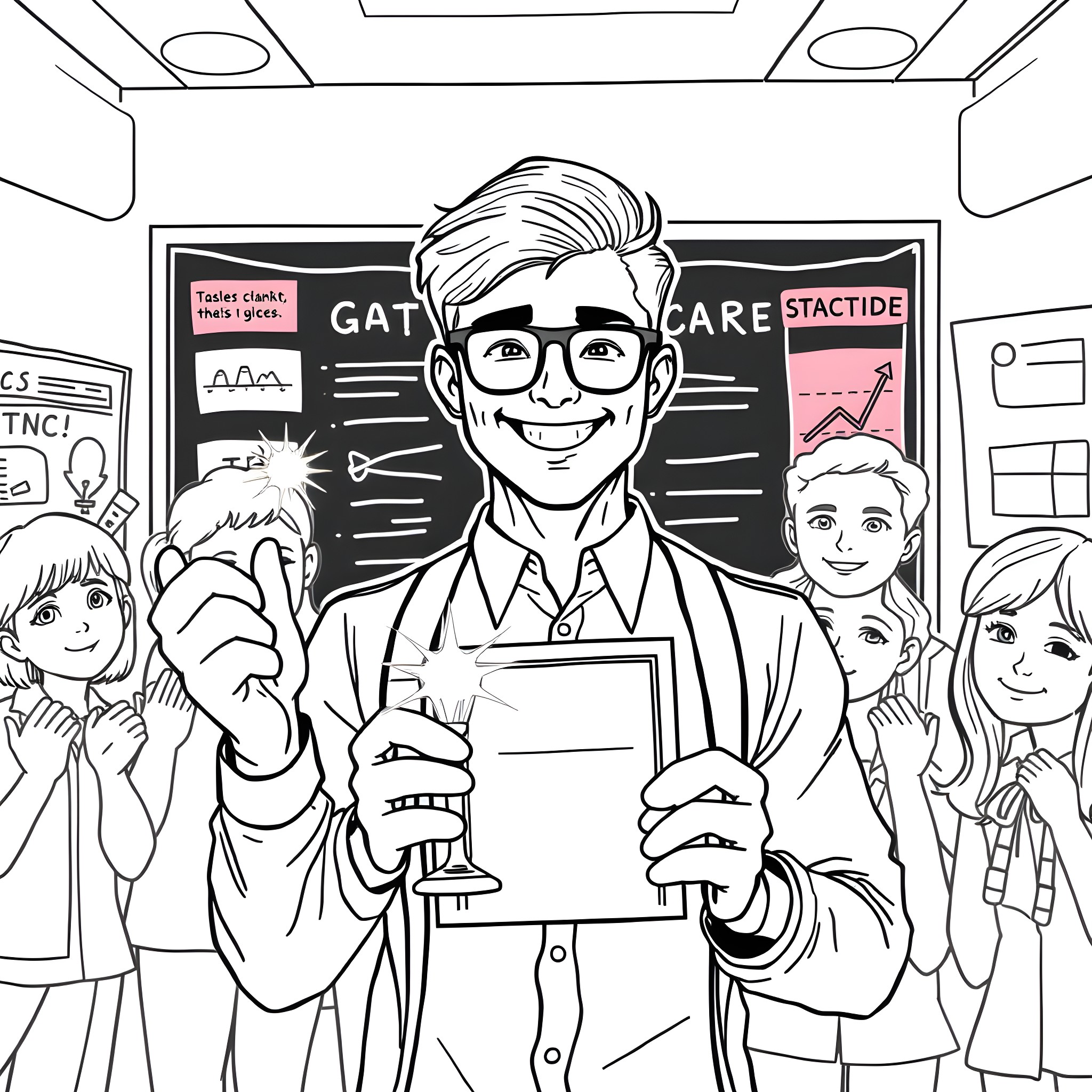 Teacher explaining science concepts to students in classroom Coloring Page (free black-and-white line drawing printable PDF for all, from beginners to advanced learners, including children, teens, adults, and seniors)