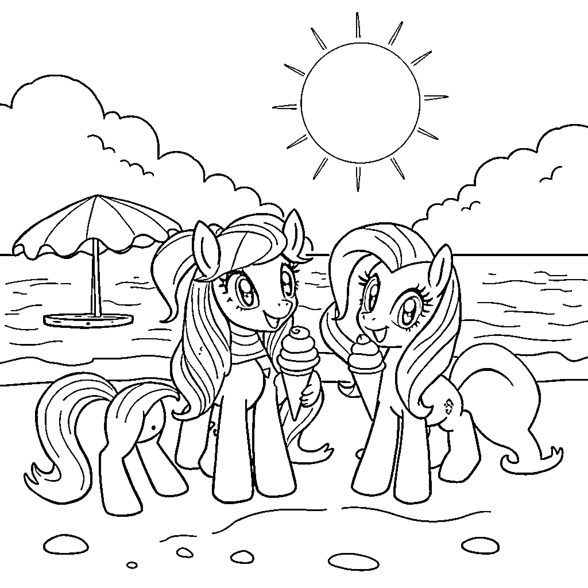 Pony friends enjoying a sunny beach day Coloring Page (free black-and-white line drawing printable PDF for all, from beginners to advanced learners, including children, teens, adults, and seniors)