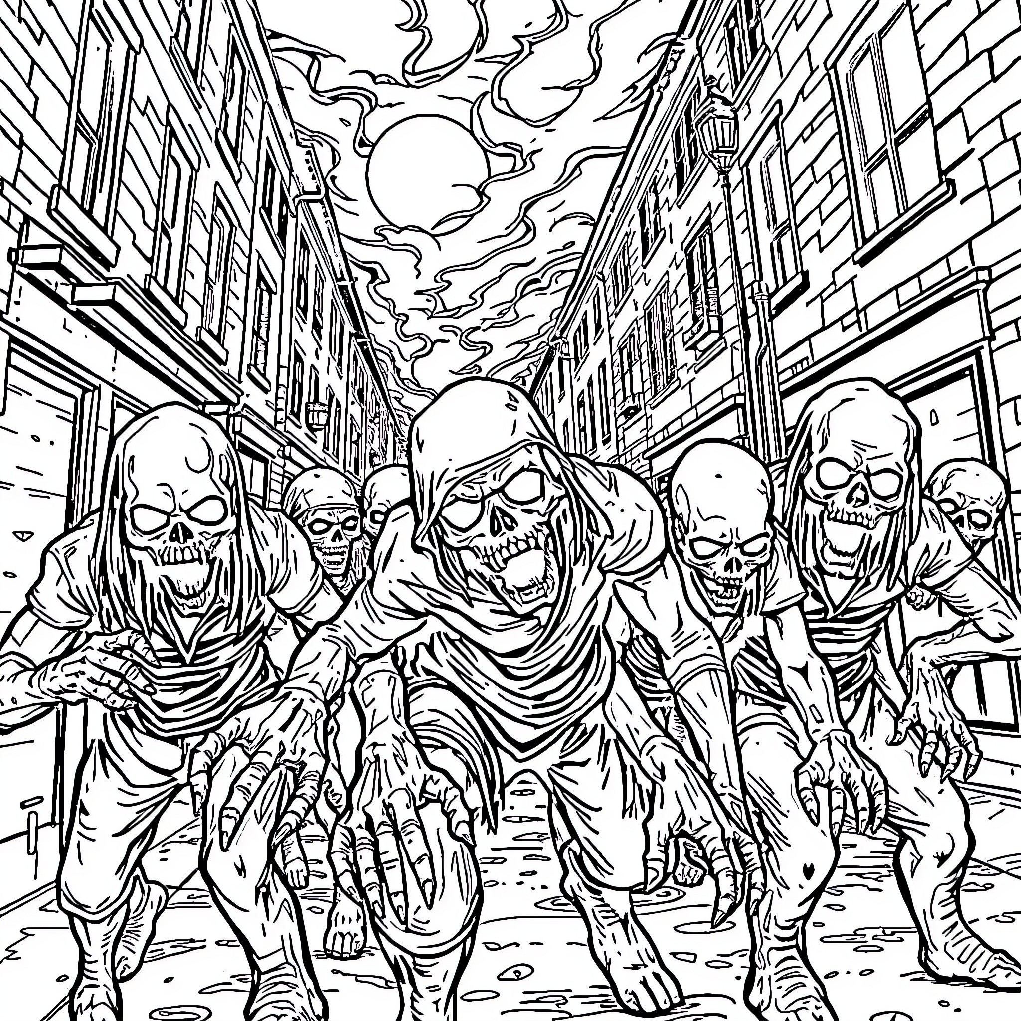 Zombie horde invading the city streets Coloring Page (free black-and-white line drawing printable PDF for all, from beginners to advanced learners, including children, teens, adults, and seniors)