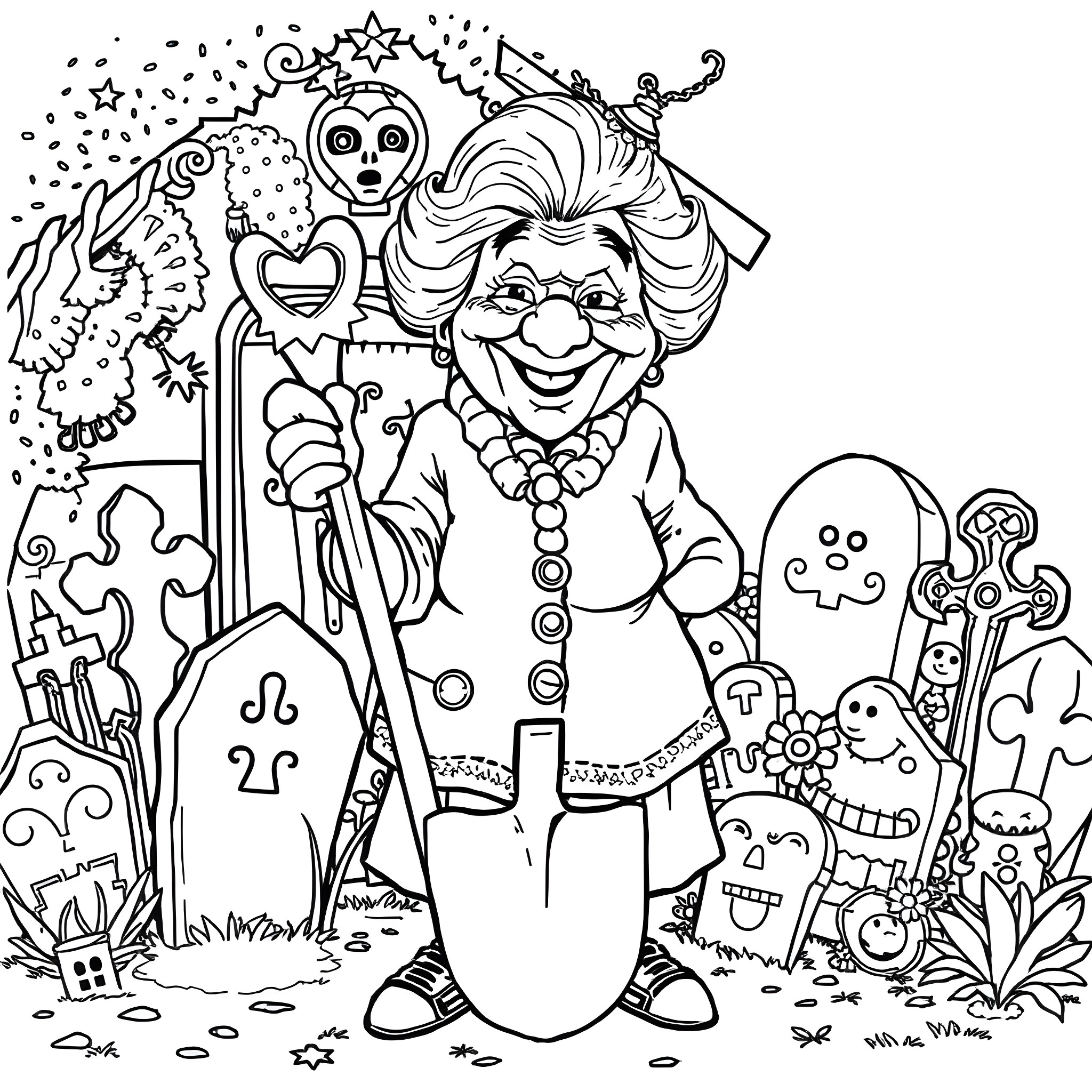 Grandma's Magical Garden Adventure Coloring Page (free black-and-white line drawing printable PDF for all, from beginners to advanced learners, including children, teens, adults, and seniors)