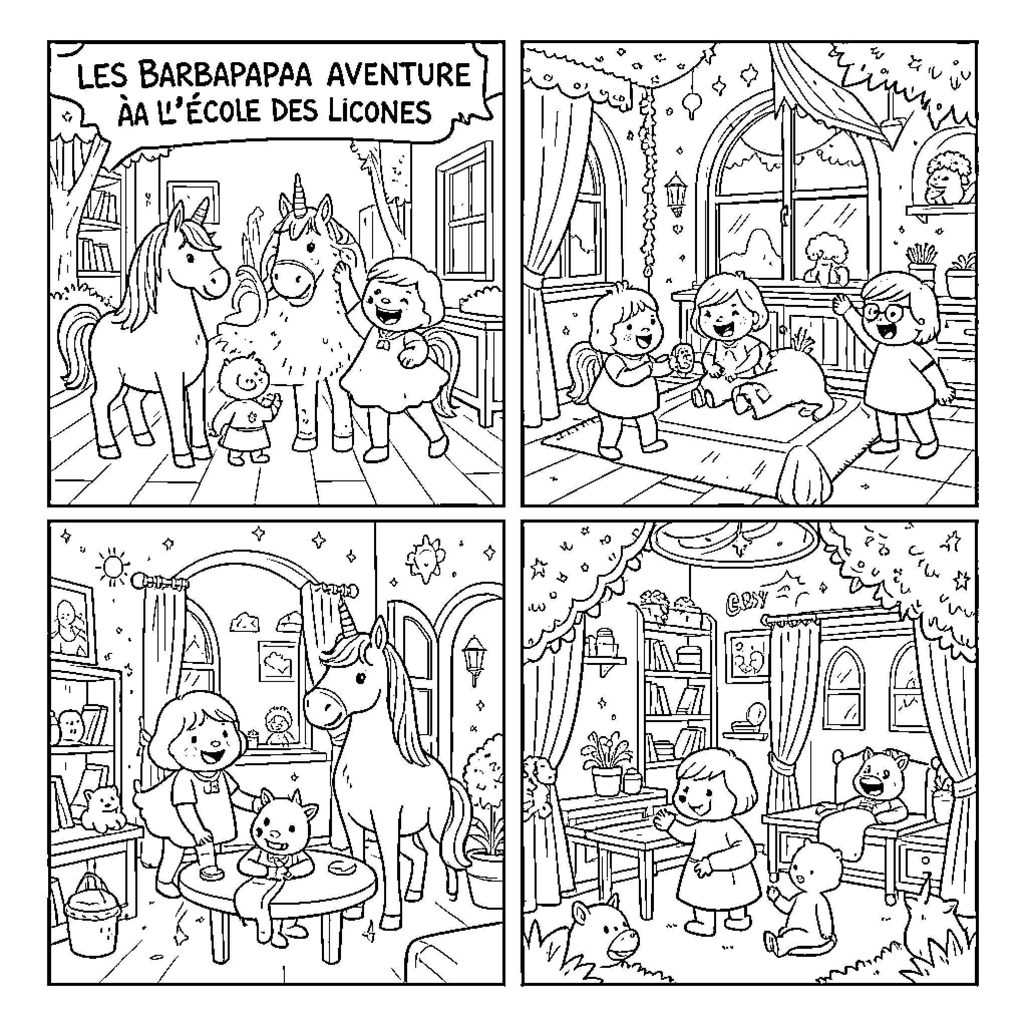 Barbapapa characters playing and interacting in various rooms Coloring Page (free black-and-white line drawing printable PDF for all, from beginners to advanced learners, including children, teens, adults, and seniors)