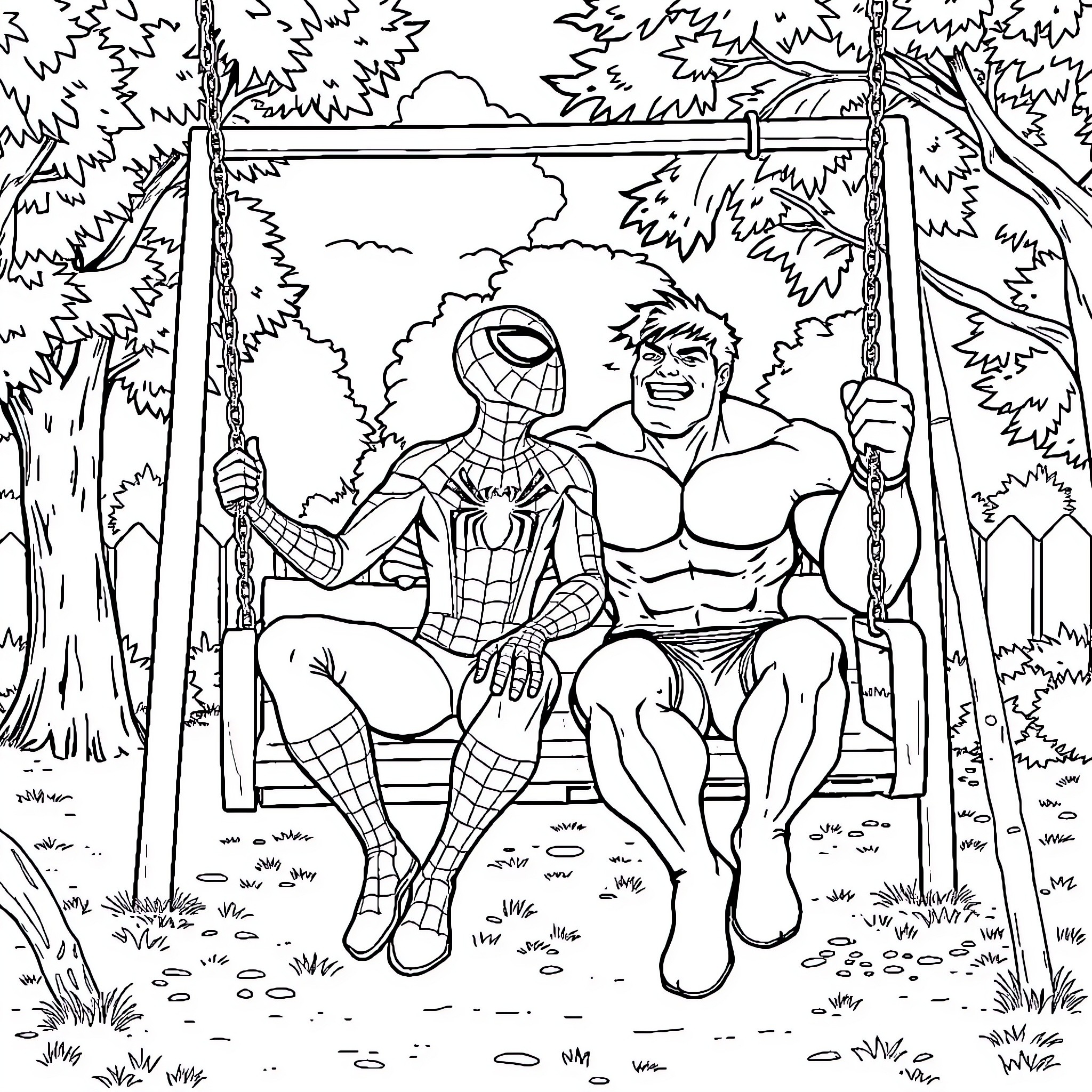 Spider-Man relaxing with his friend in the park Coloring Page (free black-and-white line drawing printable PDF for all, from beginners to advanced learners, including children, teens, adults, and seniors)