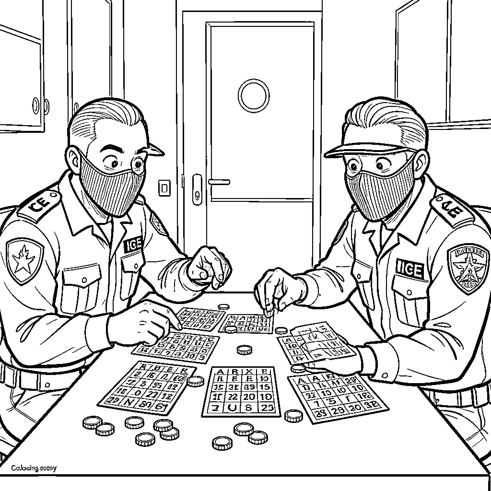 Ice Agent Officers Examining Evidence in Interrogation Room Coloring Page (free black-and-white line drawing printable PDF for all, from beginners to advanced learners, including children, teens, adults, and seniors)