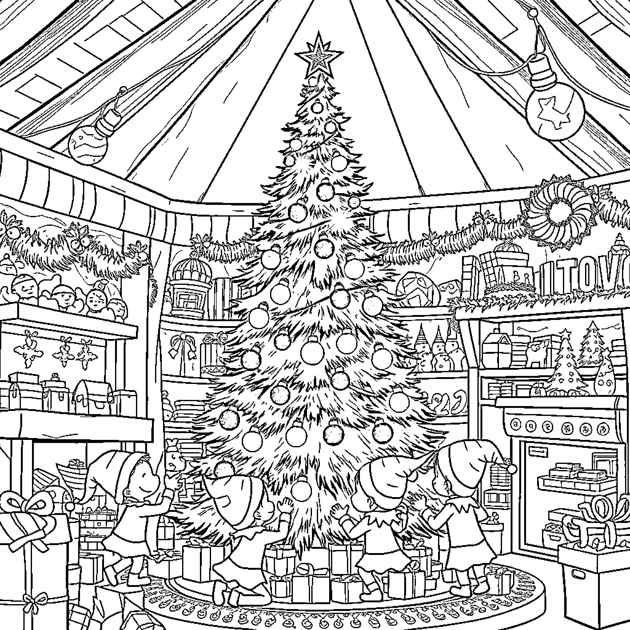 Christmas Tree Decorating Scene with Festive Ornaments Coloring Page (free black-and-white line drawing printable PDF for all, from beginners to advanced learners, including children, teens, adults, and seniors)