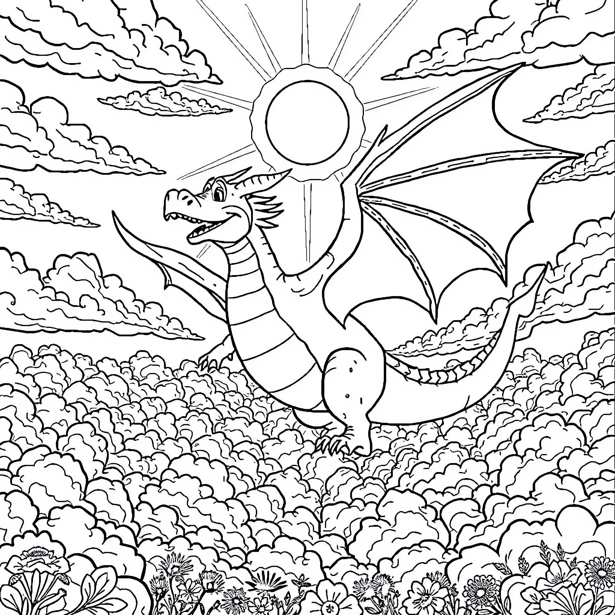 Dragon soaring through the majestic sky Coloring Page (free black-and-white line drawing printable PDF for all, from beginners to advanced learners, including children, teens, adults, and seniors)