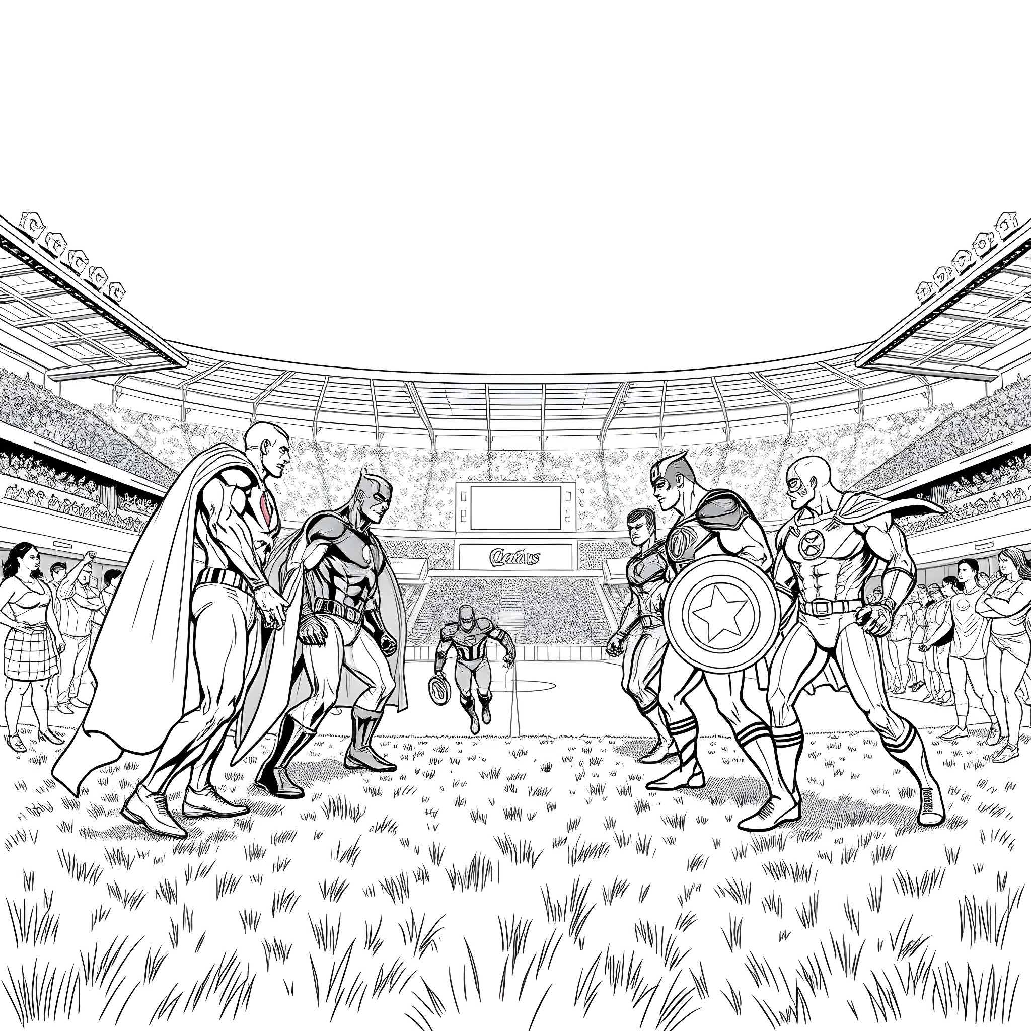 Justice League Superheroes in Epic Stadium Battle Coloring Page (free black-and-white line drawing printable PDF for all, from beginners to advanced learners, including children, teens, adults, and seniors)