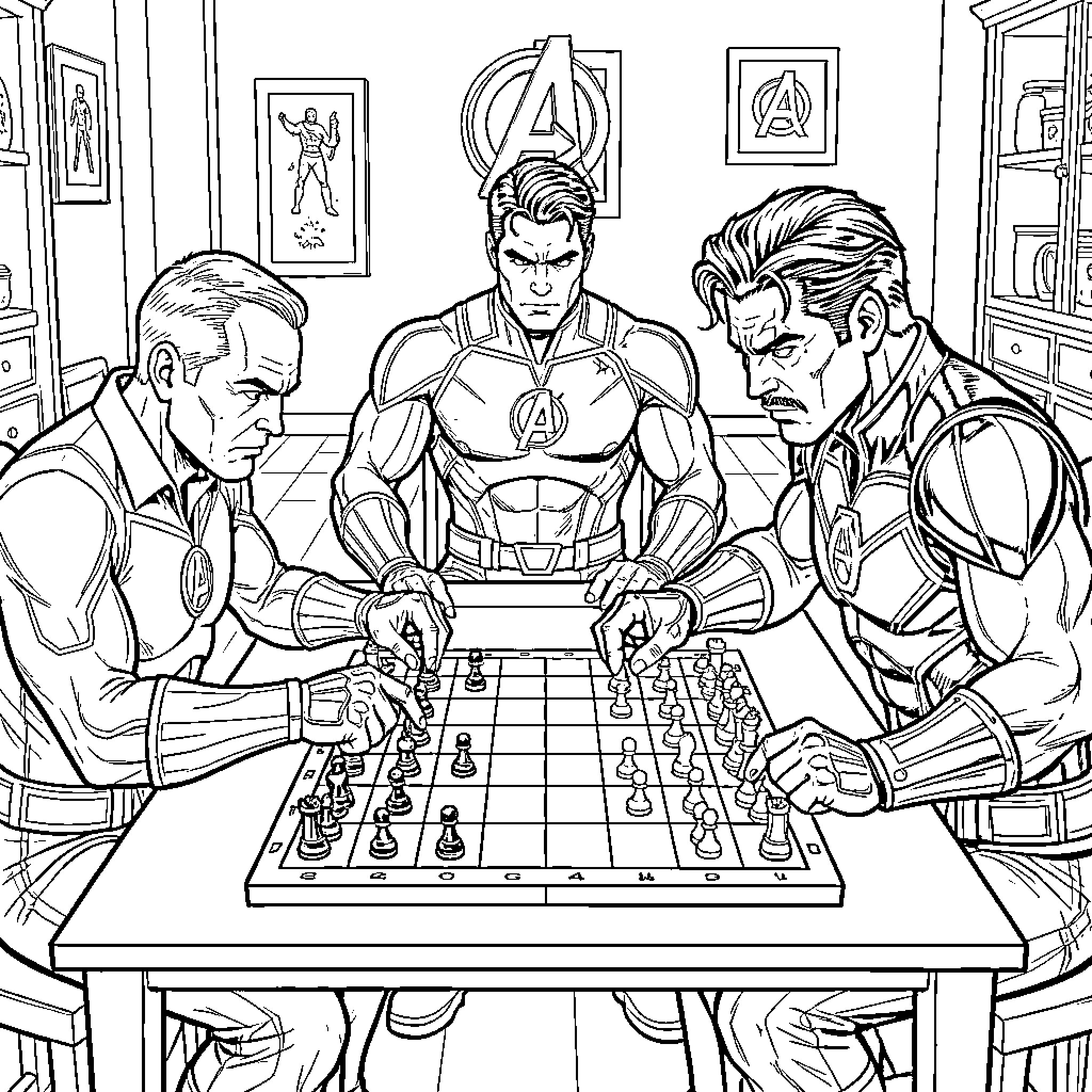 Avengers Engage in Strategic Chess Match Coloring Page (free black-and-white line drawing printable PDF for all, from beginners to advanced learners, including children, teens, adults, and seniors)