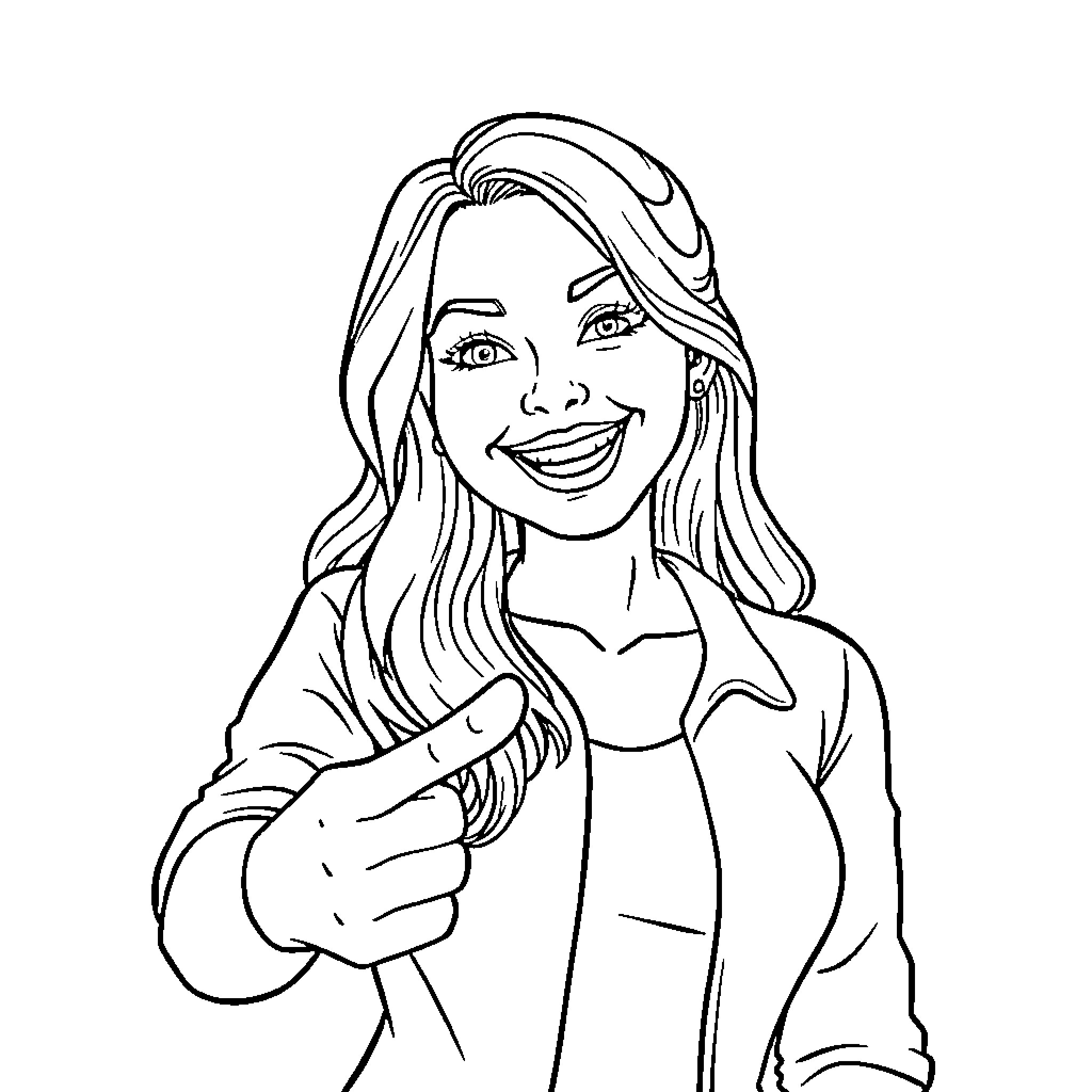 Person with long hair making a playful gesture Coloring Page (free black-and-white line drawing printable PDF for all, from beginners to advanced learners, including children, teens, adults, and seniors)