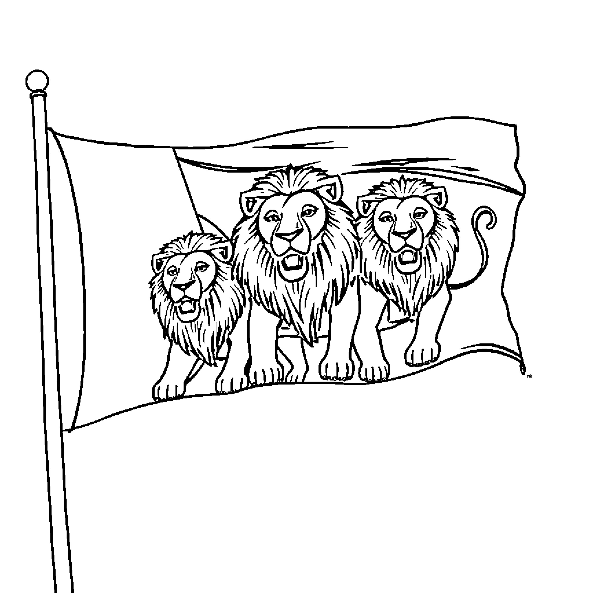 Flag with Fierce Lions Coloring Page (free black-and-white line drawing printable PDF for all, from beginners to advanced learners, including children, teens, adults, and seniors)