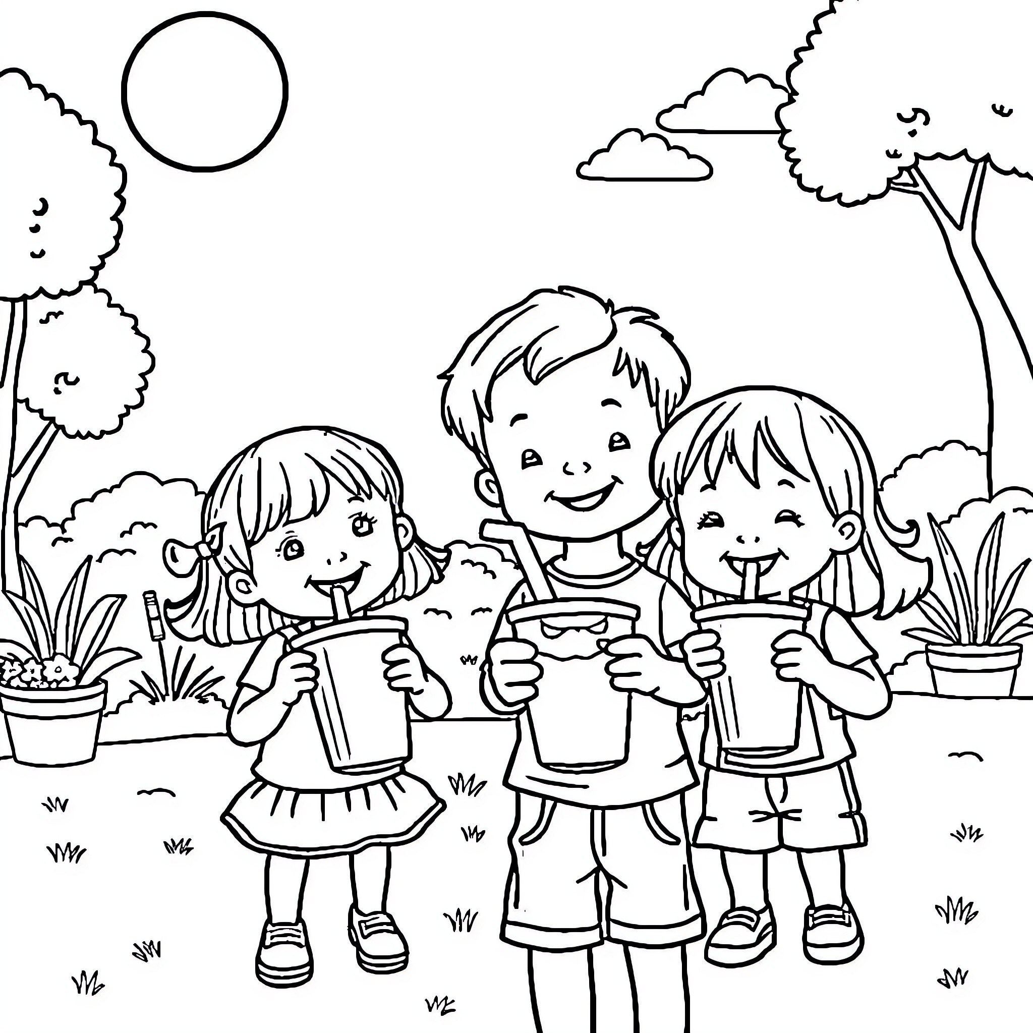 Kid Friends Enjoying Nature Together Coloring Page (free black-and-white line drawing printable PDF for all, from beginners to advanced learners, including children, teens, adults, and seniors)