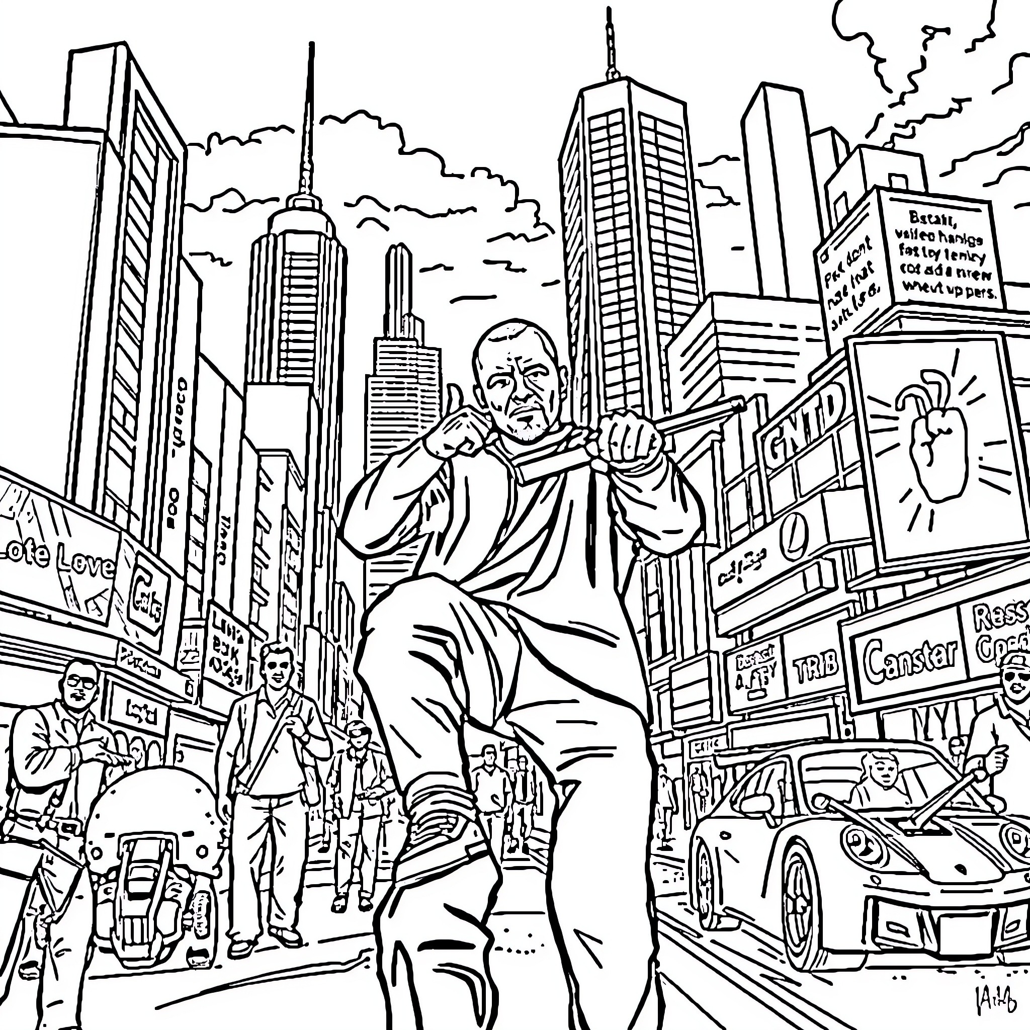 GTA: Protagonist Roams Bustling City Streets Coloring Page (free black-and-white line drawing printable PDF for all, from beginners to advanced learners, including children, teens, adults, and seniors)