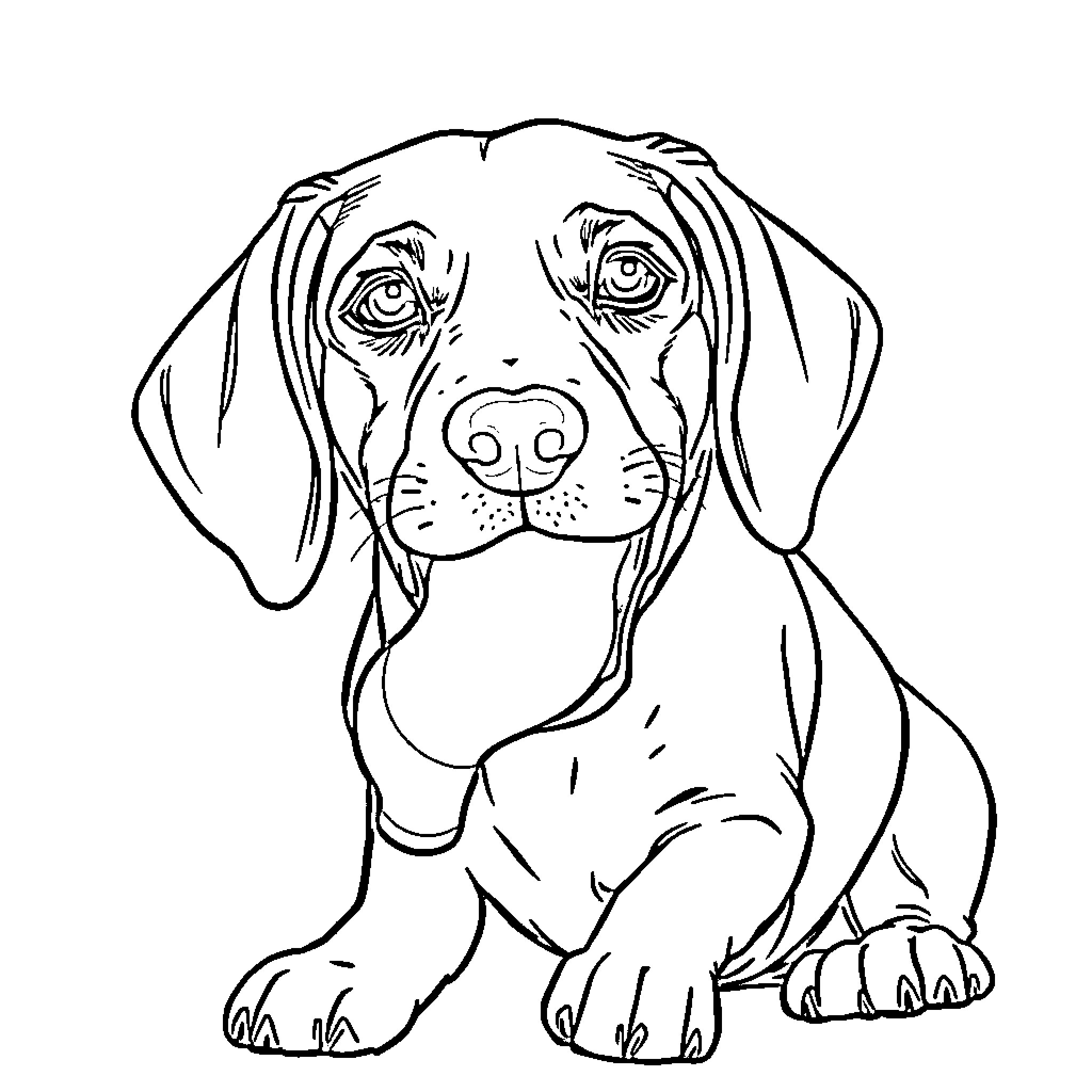 Beagle pup sitting patiently and gazing intently Coloring Page (free black-and-white line drawing printable PDF for all, from beginners to advanced learners, including children, teens, adults, and seniors)