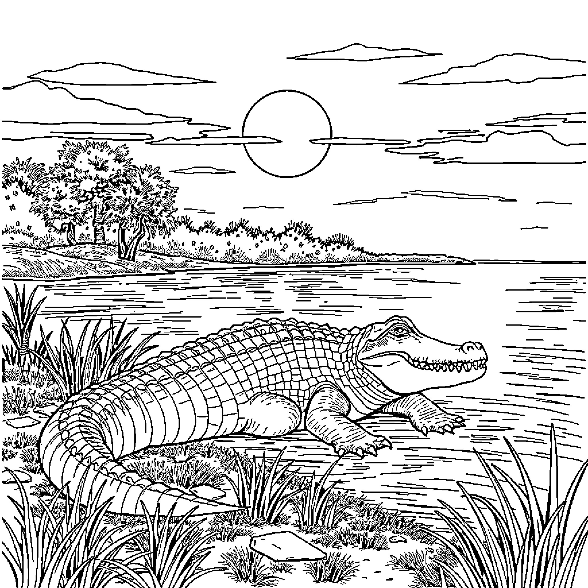 Crocodile resting by the lakeside at sunset Coloring Page (free black-and-white line drawing printable PDF for all, from beginners to advanced learners, including children, teens, adults, and seniors)