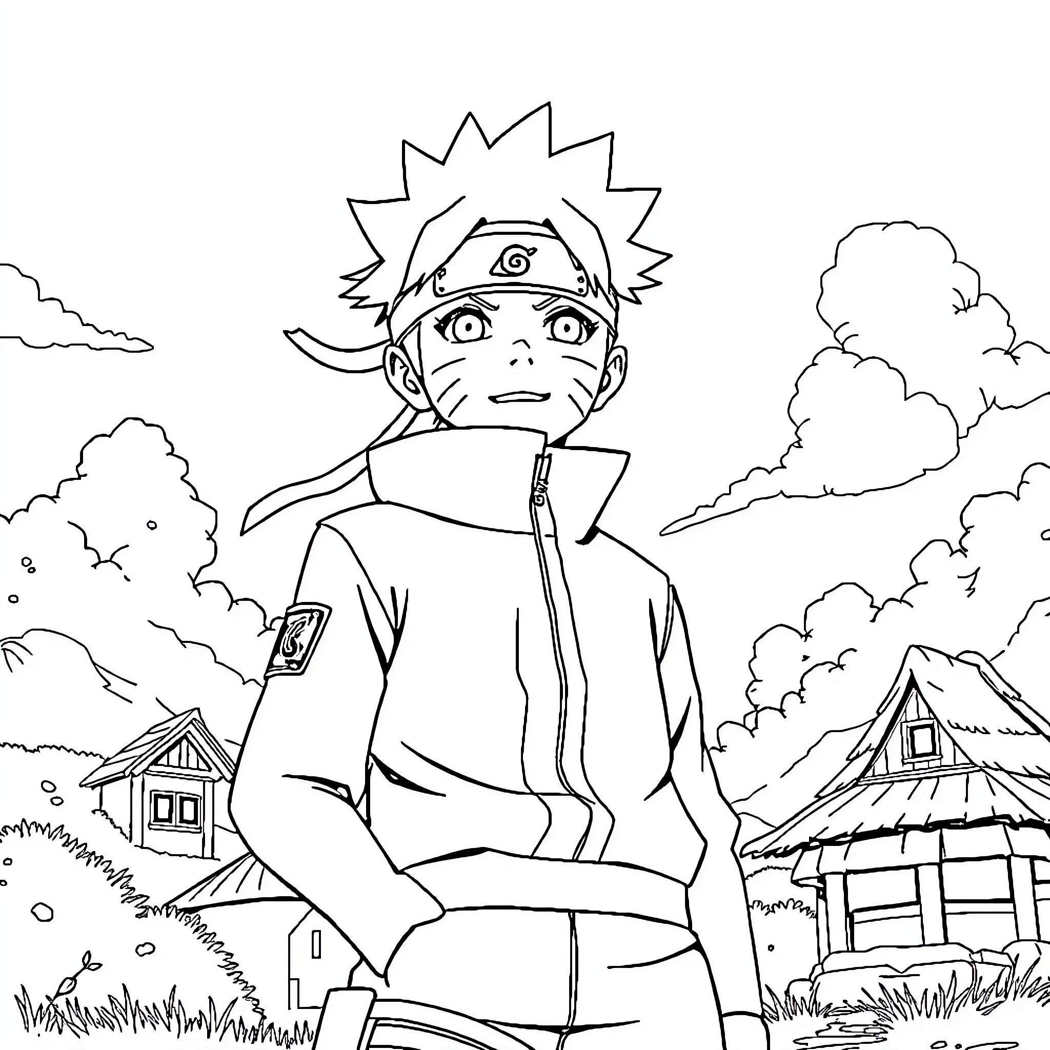 Naruto in a thoughtful pose amidst a rural landscape Coloring Page (free black-and-white line drawing printable PDF for all, from beginners to advanced learners, including children, teens, adults, and seniors)