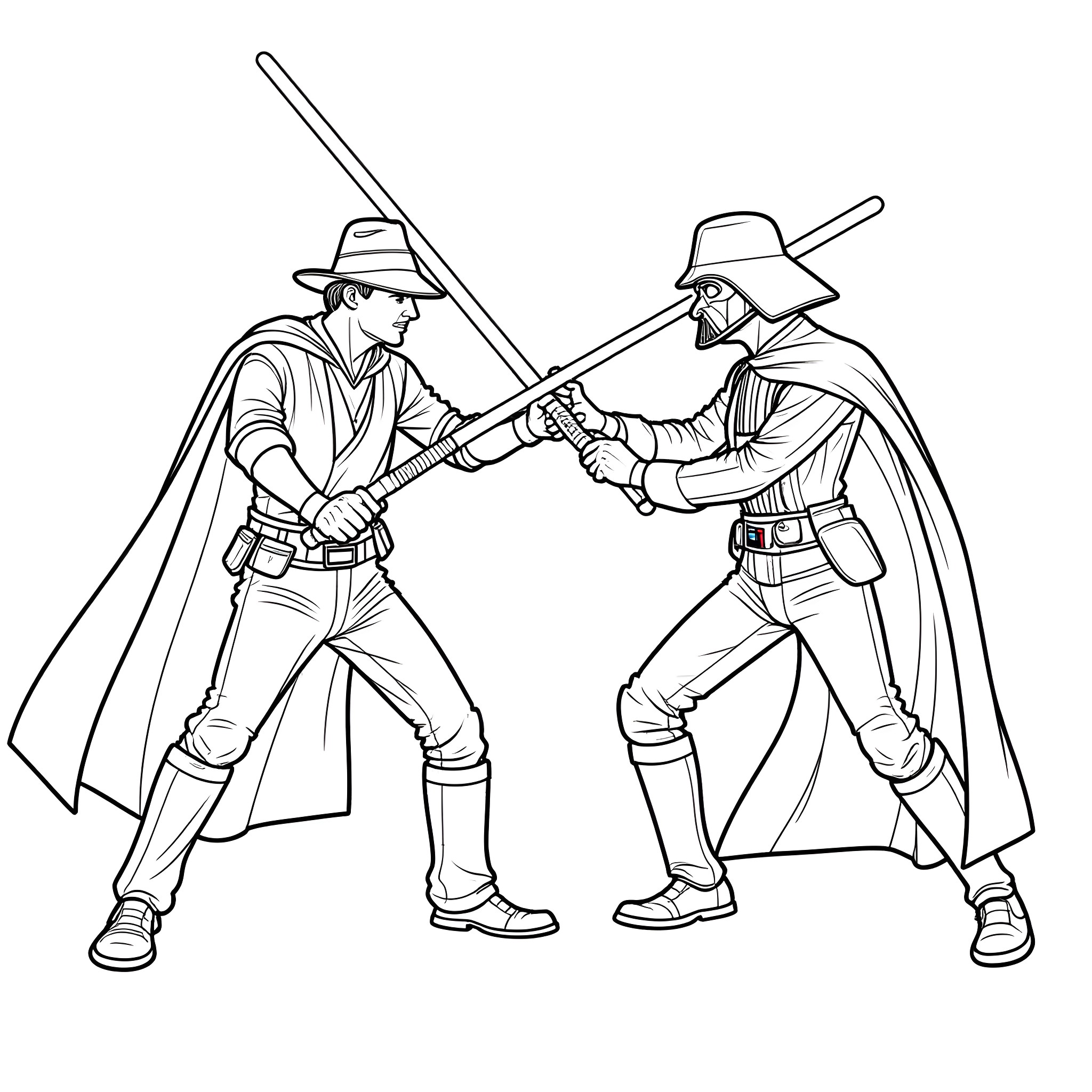 Indiana Jones fighting imperial stormtrooper in epic battle Coloring Page (free black-and-white line drawing printable PDF for all, from beginners to advanced learners, including children, teens, adults, and seniors)