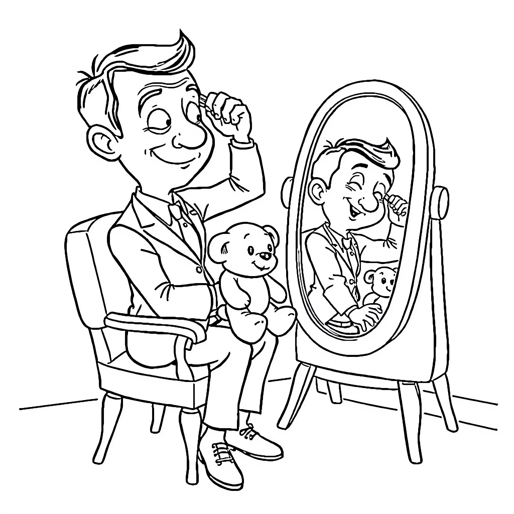 Mr Bean admiring his reflection with a teddy bear Coloring Page (free black-and-white line drawing printable PDF for all, from beginners to advanced learners, including children, teens, adults, and seniors)