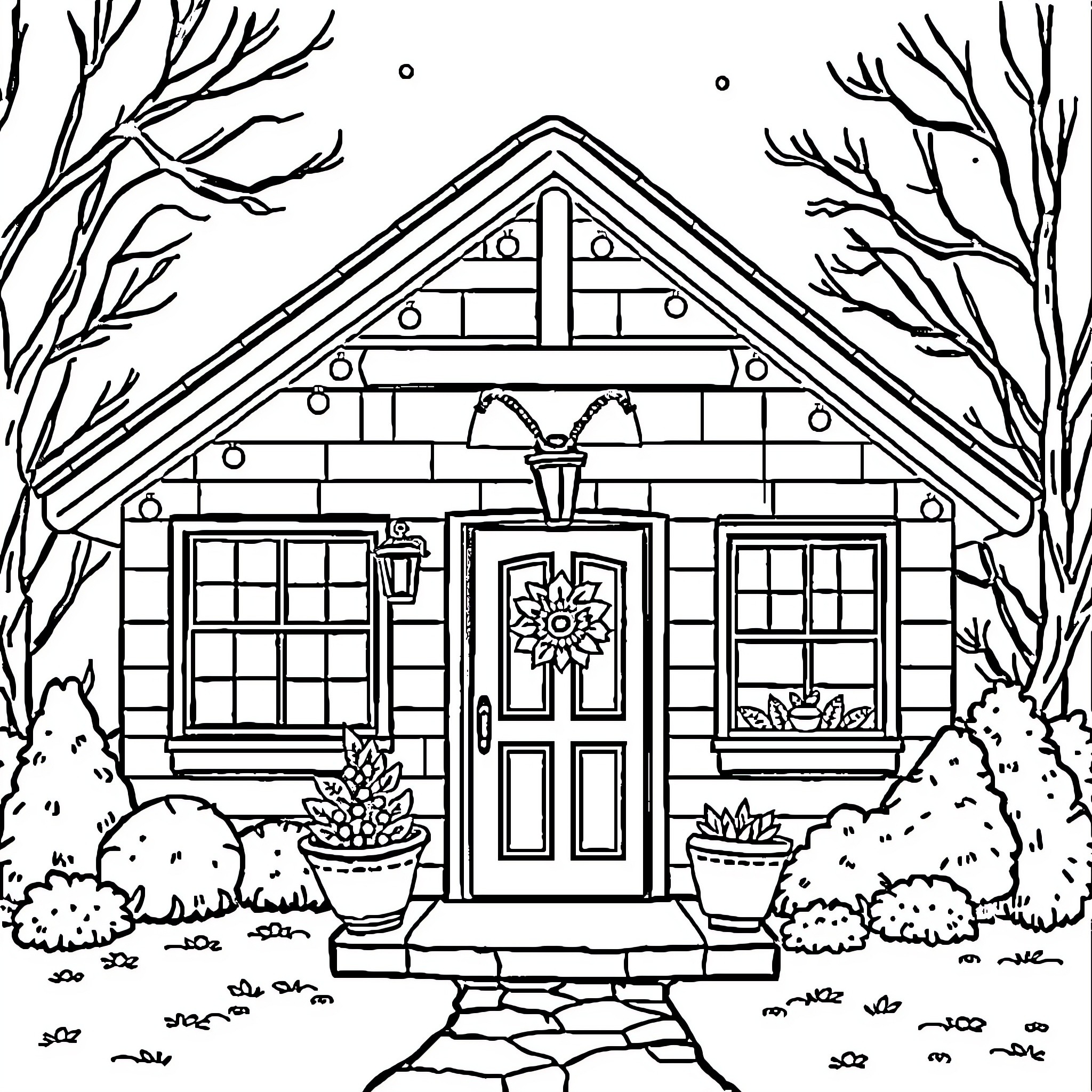 Home decorated for the holidays Coloring Page (free black-and-white line drawing printable PDF for all, from beginners to advanced learners, including children, teens, adults, and seniors)