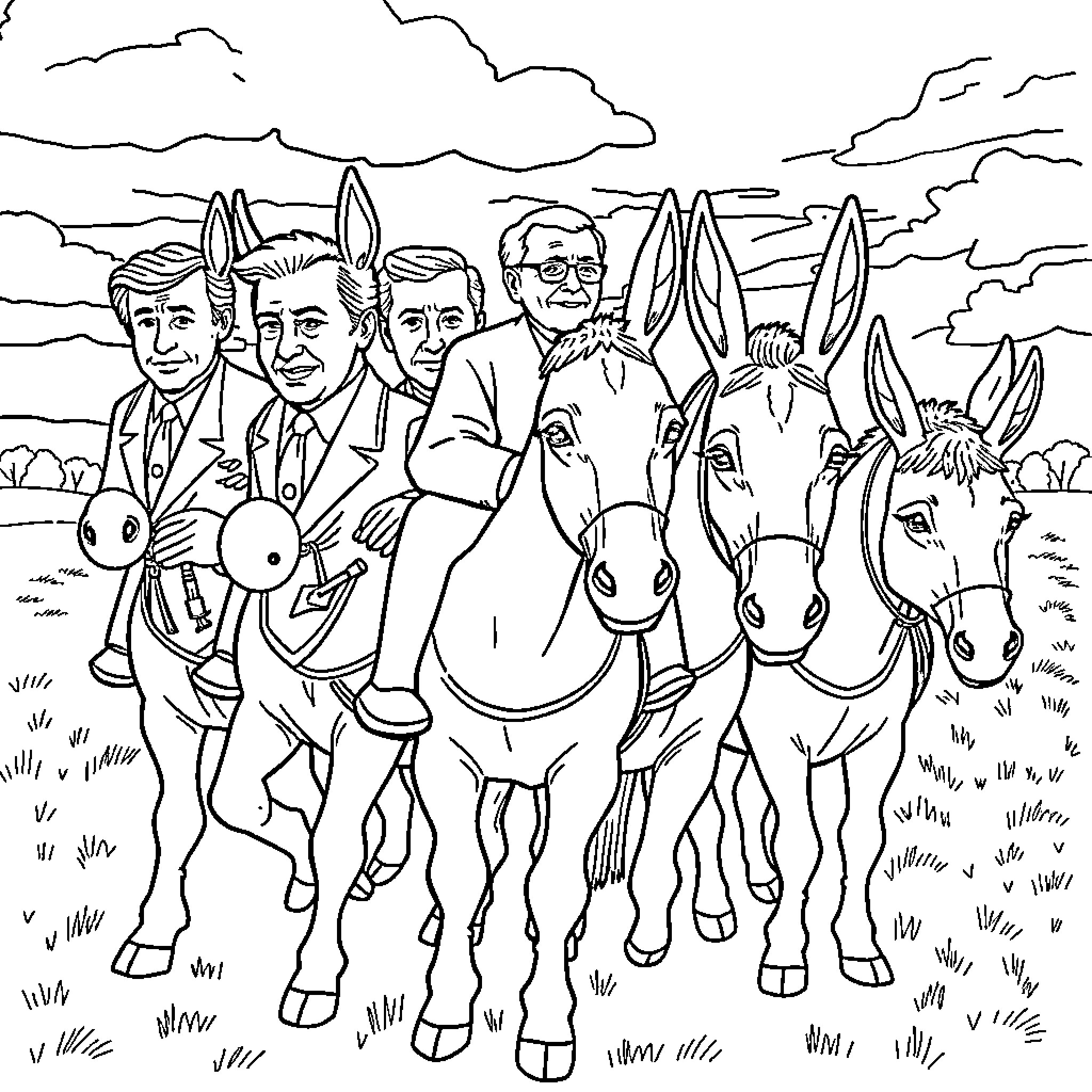 Donkeys and their human companions on a countryside adventure Coloring Page (free black-and-white line drawing printable PDF for all, from beginners to advanced learners, including children, teens, adults, and seniors)