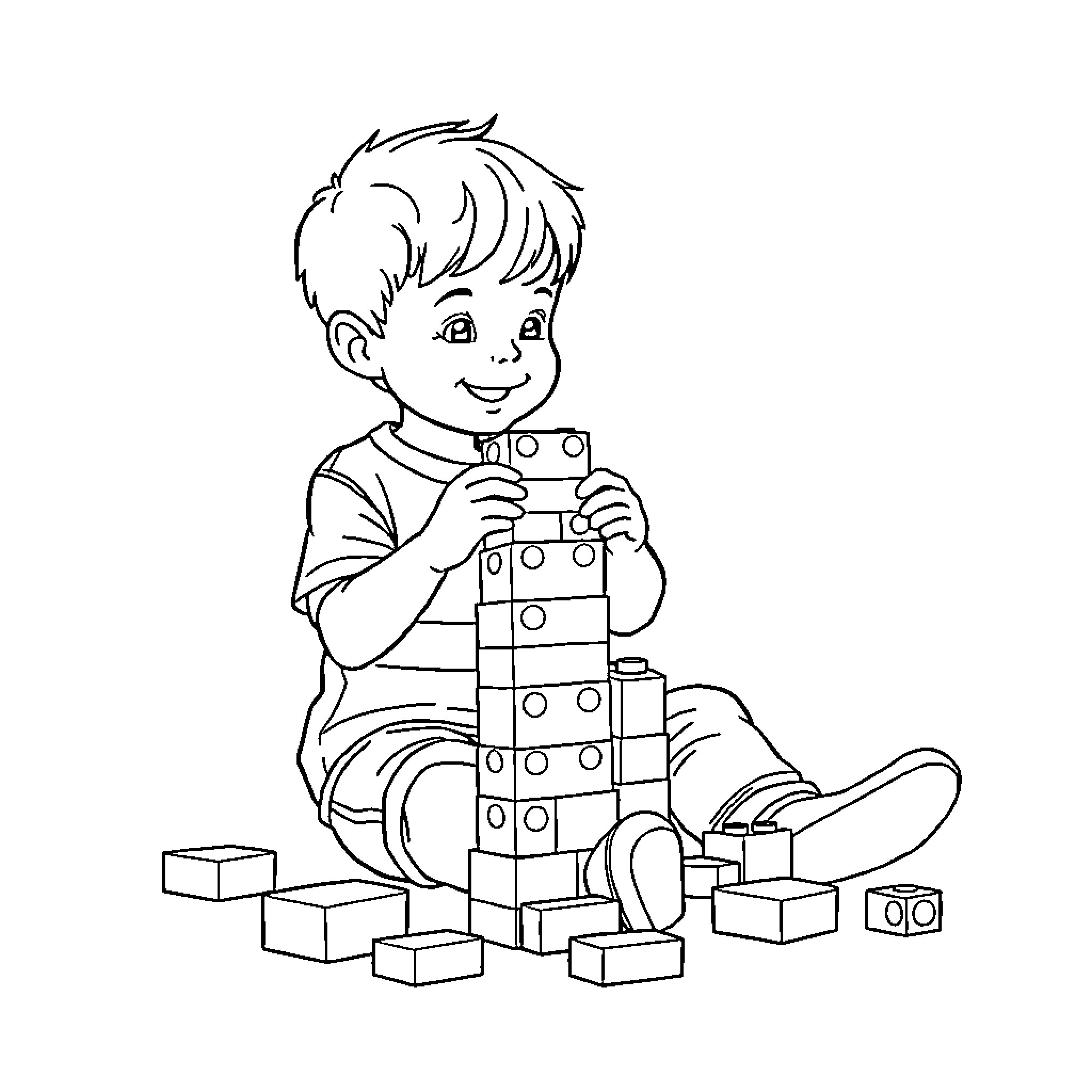 Boy playing joyfully with building blocks Coloring Page (free black-and-white line drawing printable PDF for all, from beginners to advanced learners, including children, teens, adults, and seniors)