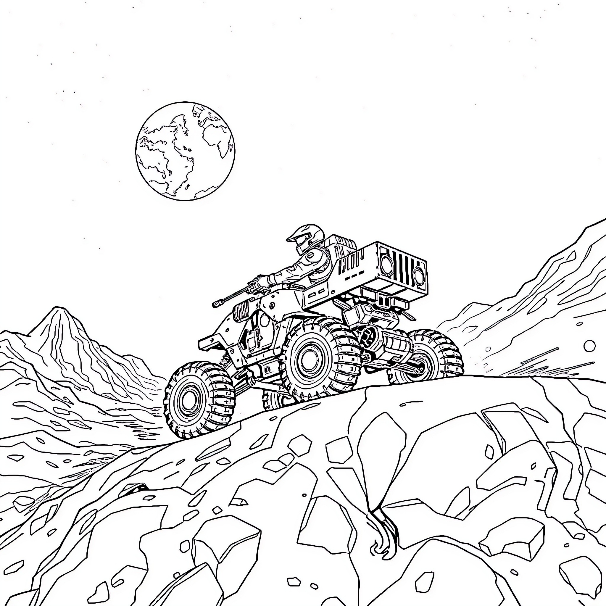 Master Chief navigates the rugged alien terrain on an ATV Coloring Page (free black-and-white line drawing printable PDF for all, from beginners to advanced learners, including children, teens, adults, and seniors)
