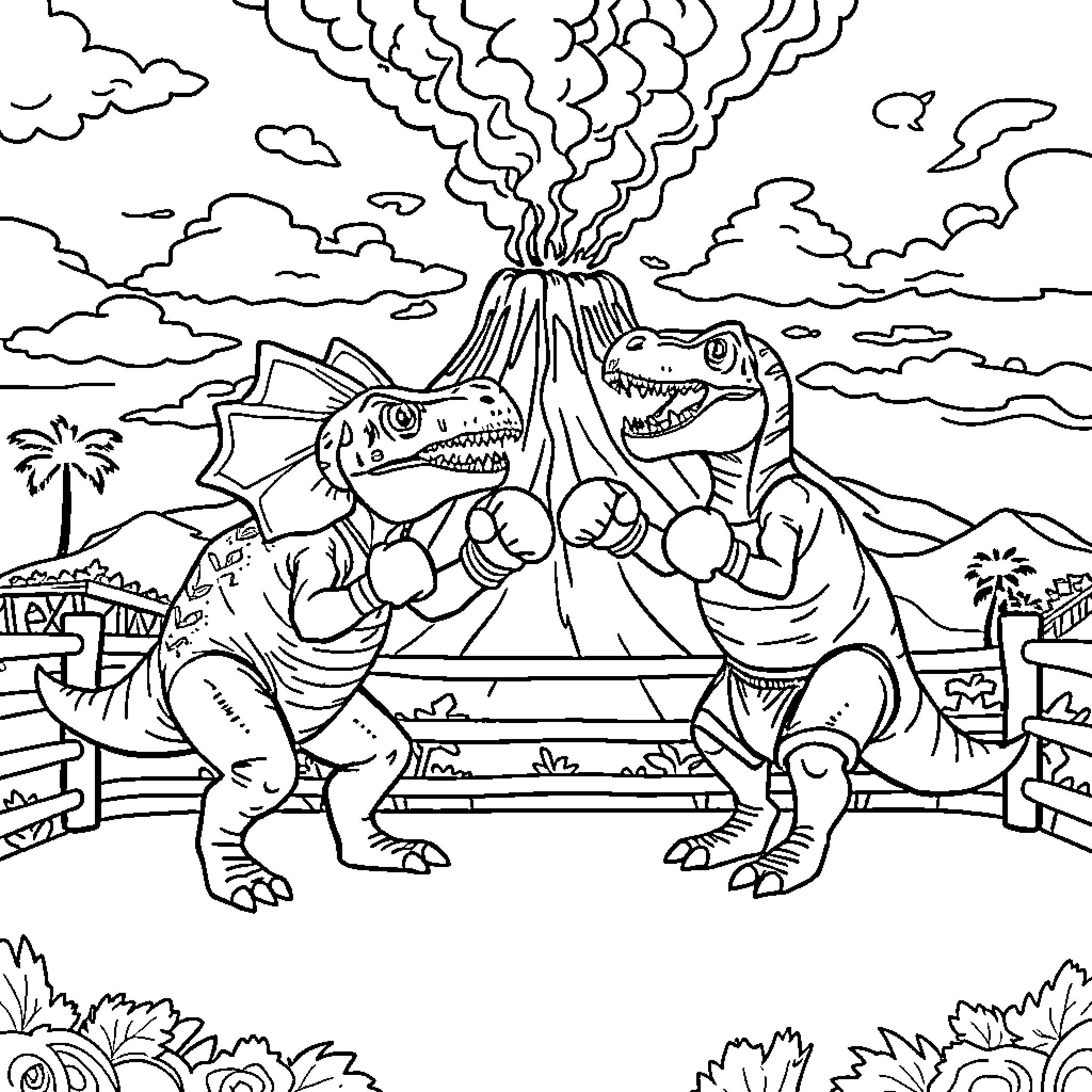 Triceratops enjoying a volcanic eruption in a tropical landscape Coloring Page (free black-and-white line drawing printable PDF for all, from beginners to advanced learners, including children, teens, adults, and seniors)