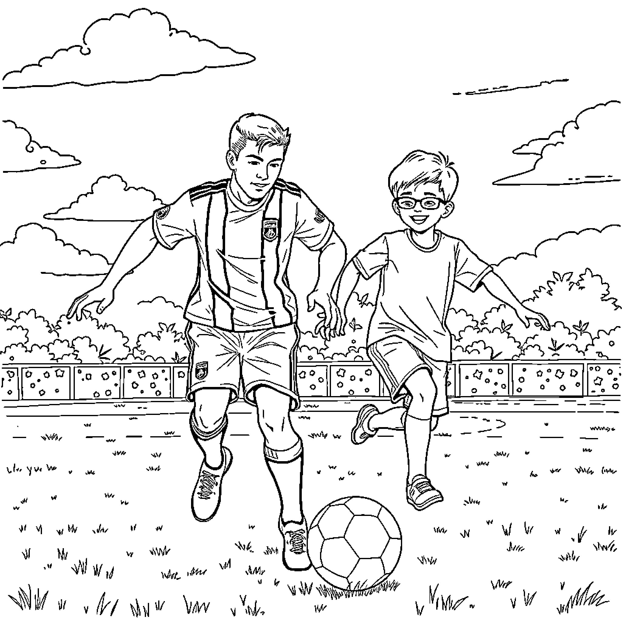 Ronaldo and friend playing soccer in the park Coloring Page (free black-and-white line drawing printable PDF for all, from beginners to advanced learners, including children, teens, adults, and seniors)