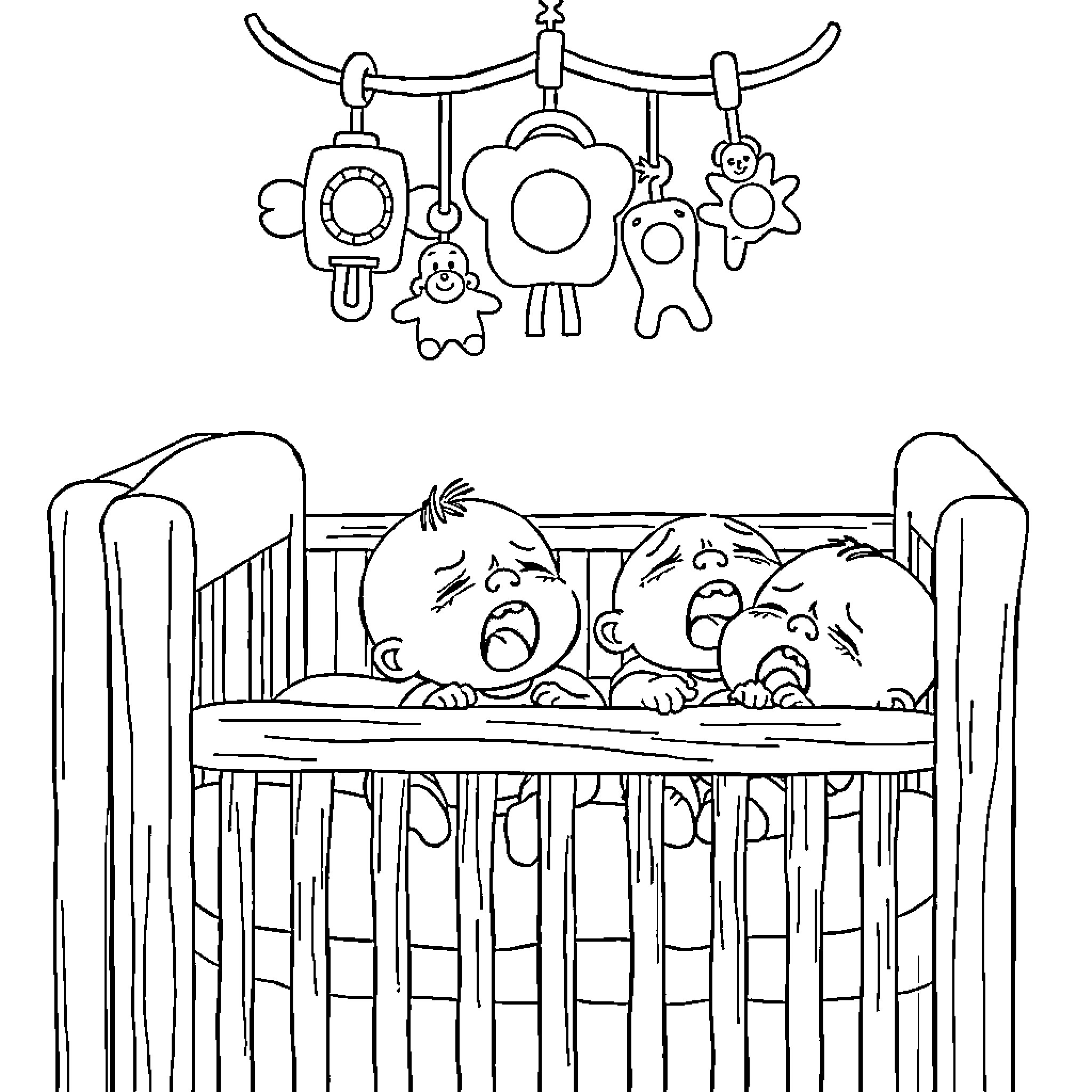 Baby's Toys and Sleeping Infants in Crib Coloring Page (free black-and-white line drawing printable PDF for all, from beginners to advanced learners, including children, teens, adults, and seniors)