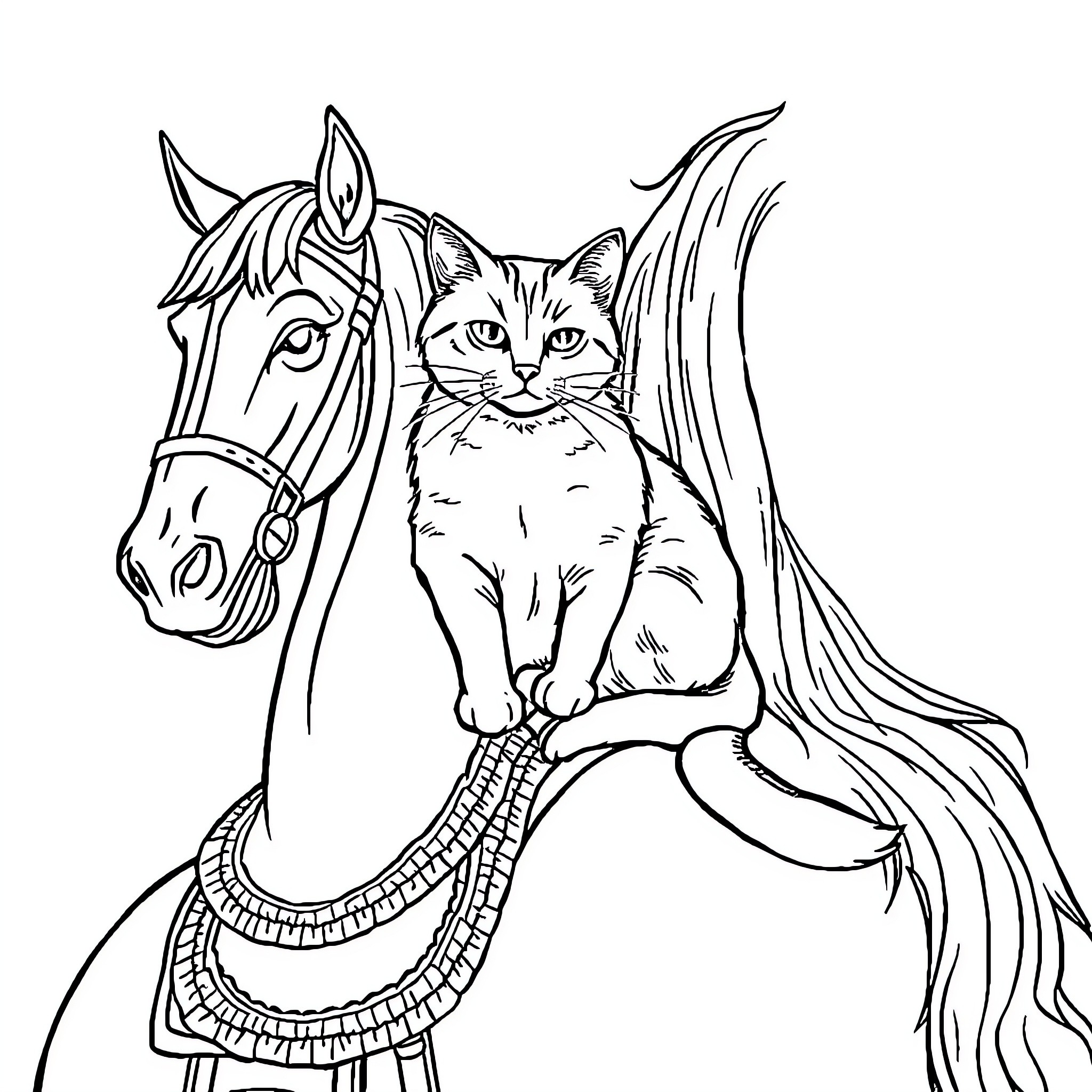 Cat riding on majestic horse Coloring Page (free black-and-white line drawing printable PDF for all, from beginners to advanced learners, including children, teens, adults, and seniors)