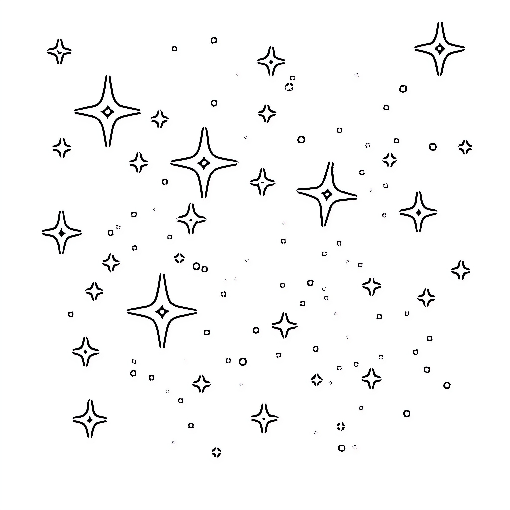 Star-shaped glowing lights in the night sky Coloring Page (free black-and-white line drawing printable PDF for all, from beginners to advanced learners, including children, teens, adults, and seniors)