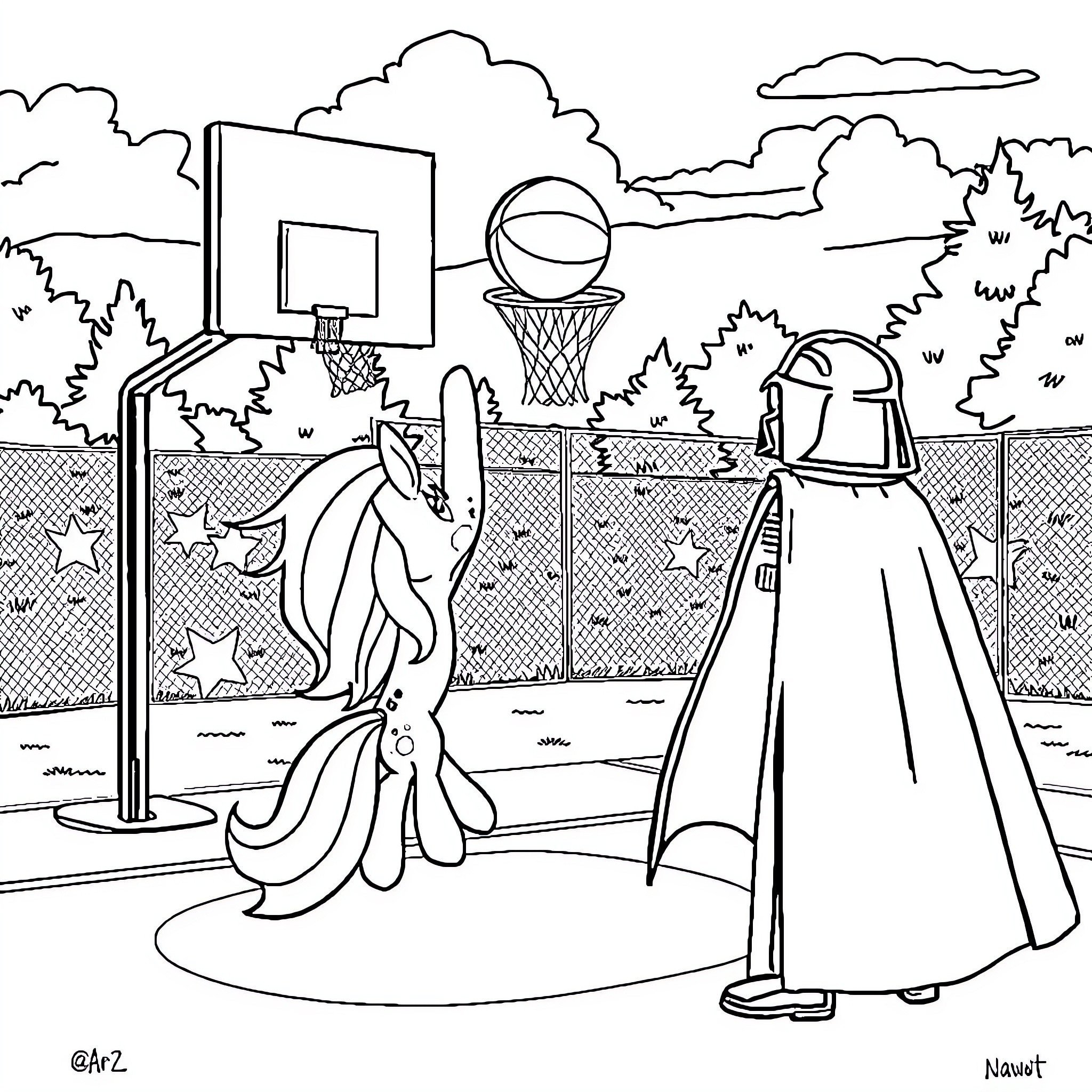 Rainbow Dash playing basketball with her friends Coloring Page (free black-and-white line drawing printable PDF for all, from beginners to advanced learners, including children, teens, adults, and seniors)