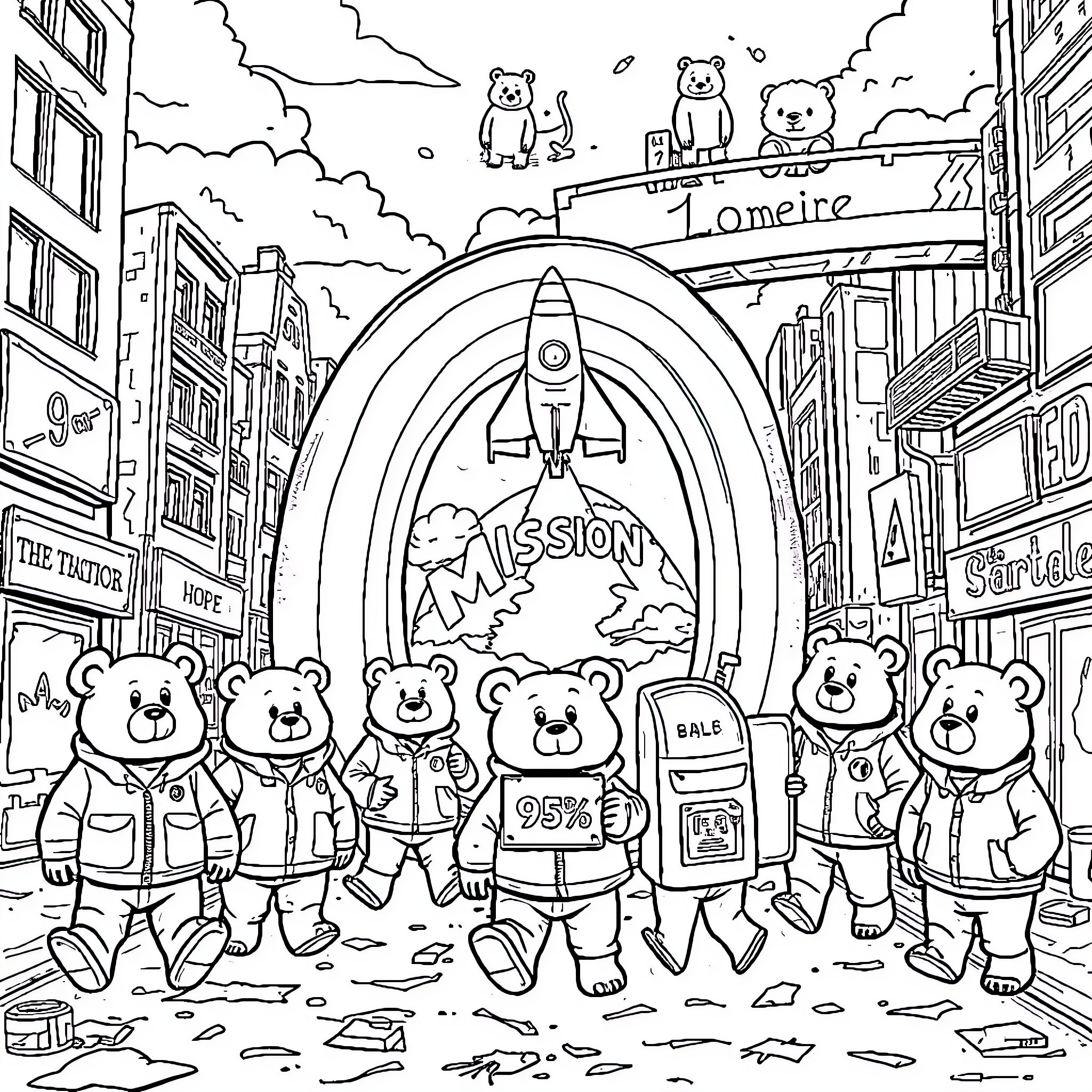 Bear mission to the city street Coloring Page (free black-and-white line drawing printable PDF for all, from beginners to advanced learners, including children, teens, adults, and seniors)