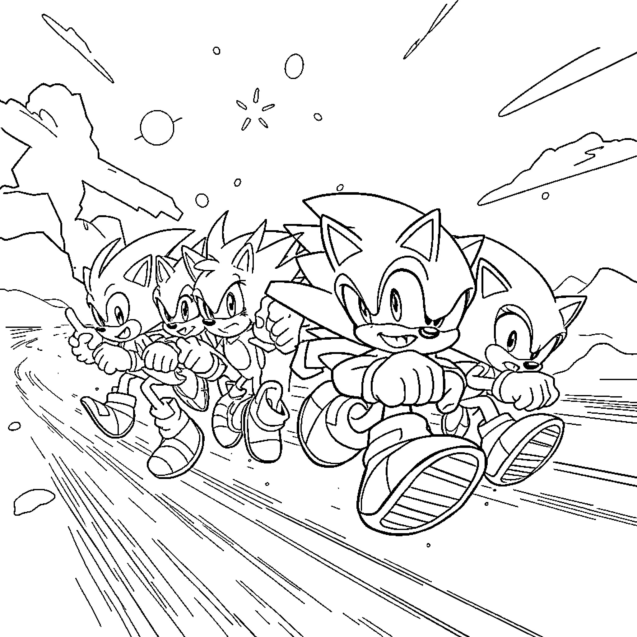Sonic characters in an exciting race Coloring Page (free black-and-white line drawing printable PDF for all, from beginners to advanced learners, including children, teens, adults, and seniors)