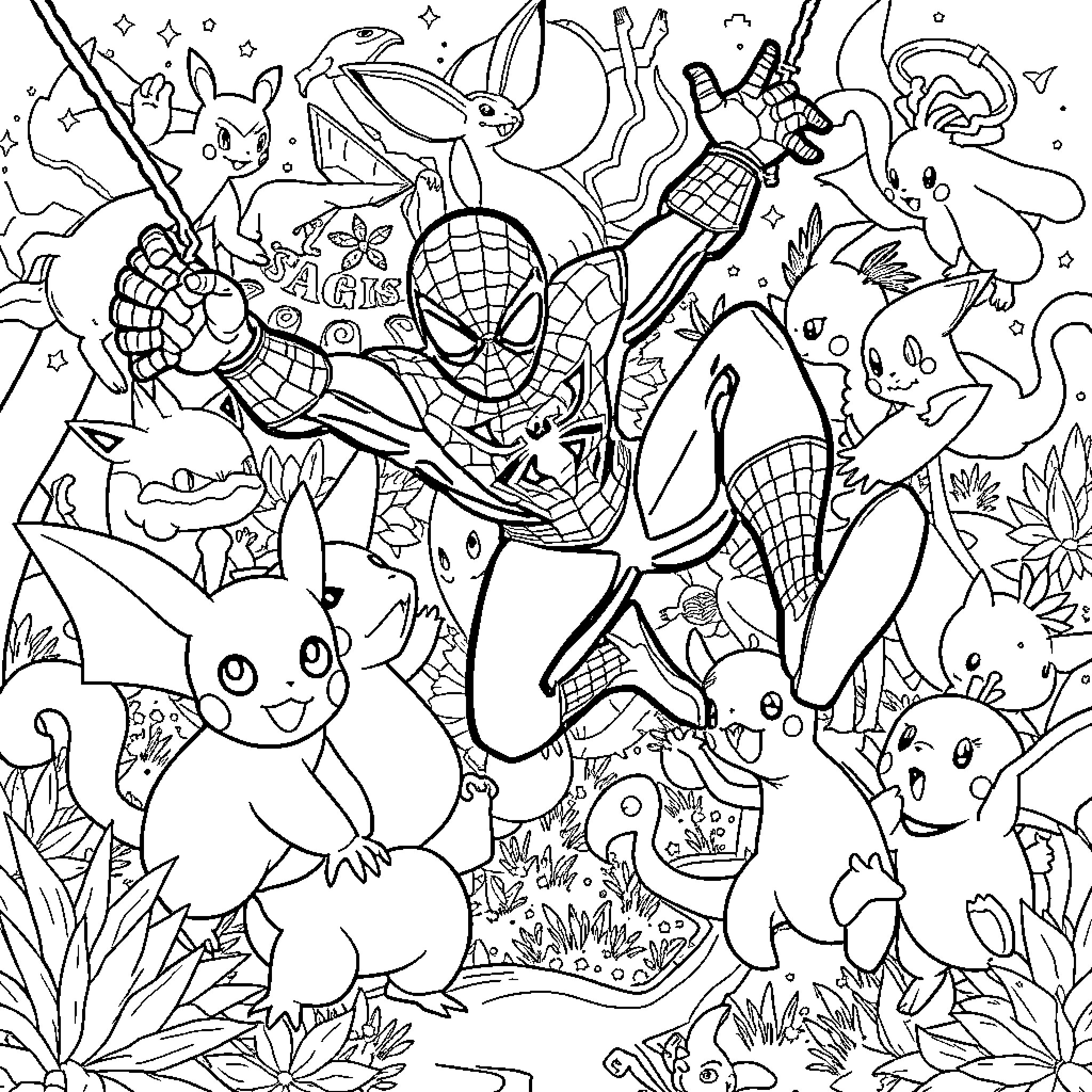 Spider-Man Surrounded by Whimsical Creatures Coloring Page (free black-and-white line drawing printable PDF for all, from beginners to advanced learners, including children, teens, adults, and seniors)