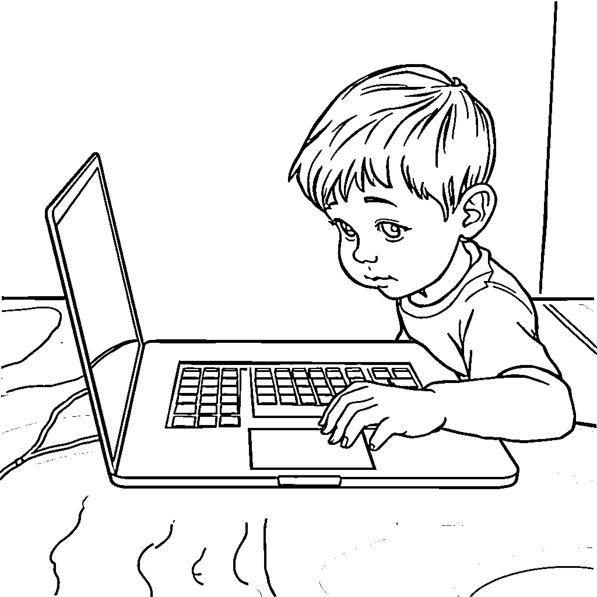 MacBook - Boy intently using laptop Coloring Page (free black-and-white line drawing printable PDF for all, from beginners to advanced learners, including children, teens, adults, and seniors)